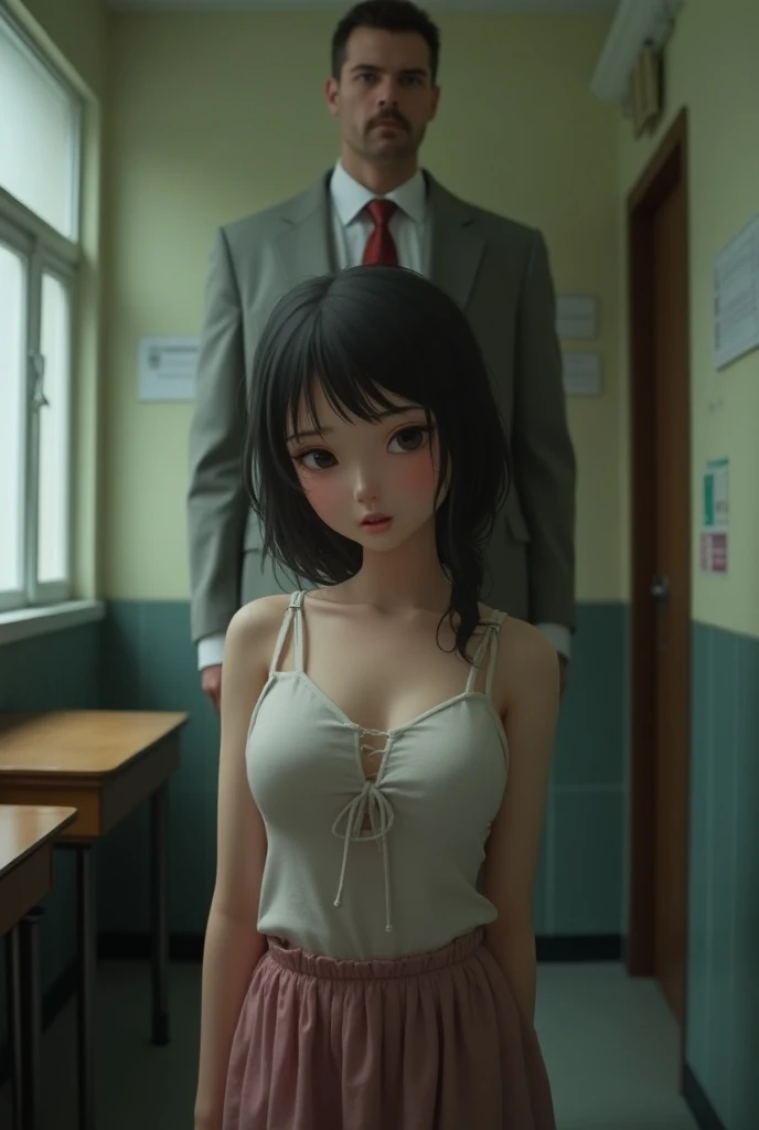 Teenage brown haired man amazed watching his long haired blonde teacher with big tits in lingerie on the. Classroom