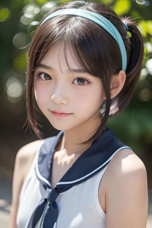 Japanese,,Innocent face,Teenage Girte,Primary school students,private elementary school,Are standing,Entrance ceremony,In front of the school gate,from the front,Twin tails,short hair,Hair Clip,Swimwear,full body