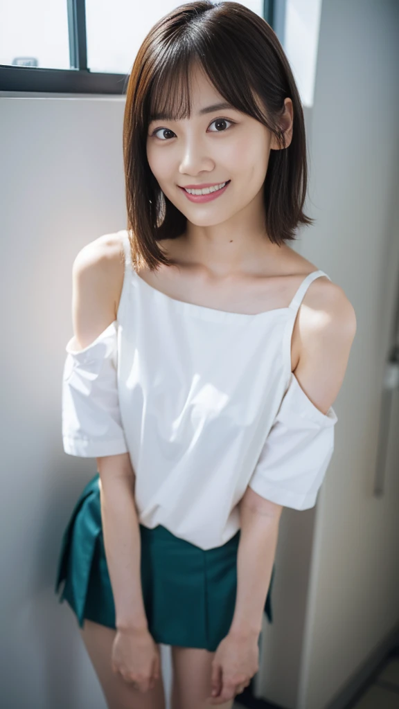 zydG, 1girl, more skin, view, brown eyes, (short hair with bangs: 1.2), (big breasts), (medium areola),
(Photorealistic), (Best Quality: 1.0), (Ultra High Definition: 1.0), 8K, RAW Photography, (Masterpiece), (pureerosface_v1:0.5), ((Really pure white background))), smiling a little, Long neck, (Putting out your ears), Ears, Sleeveless, Off-shoulder, (((White Clothing)), White Clothing, Big Eyes, Clear Double Eyelids, Highlights in the Pupils, (( Very beautiful, very pretty))