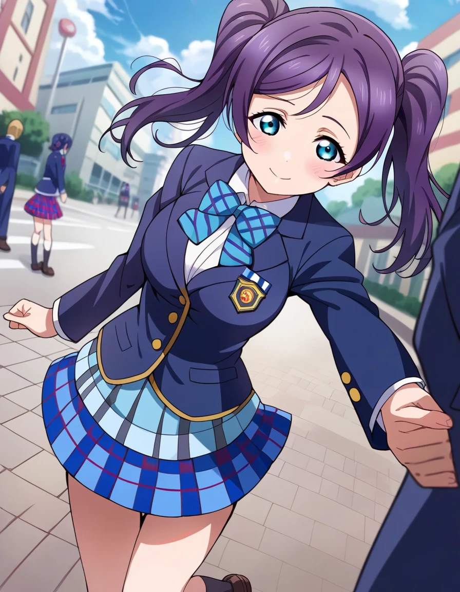 (((Nozomi Toujou ,Love Live, Twin Tails、 purple hair))),(((Otonokizaka Academy uniform,Blue blazer, striped bowtie,  long sleeve ,  plaid mini skirt ,  blue mini skirt))), , 
((masterpiece,Best Quality,masterpiece:1.2, super high definition)),((large breasts)),(The hustle and bustle of the city, Building in the background, Sidewalk,)、