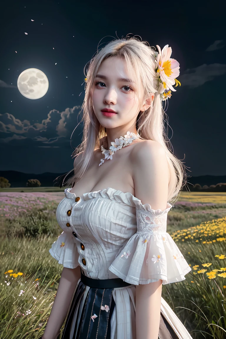 masterpiece, best quality,, 1girl, (colorful),(finely detailed beautiful eyes and detailed face),cinematic lighting,bust shot,extremely detailed CG unity 8k wallpaper,white hair,solo,smile,intricate skirt,((flying petal)),(Flowery meadow), sky, cloudy_sky, building, moonlight, moon, night, (dark theme:1.3), light, fantasy,