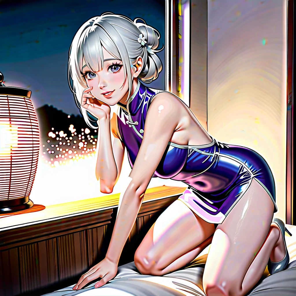 (1 Japanese cute girl with silvery white hair in an intricate asymmetrical updo), The back of her hair is bunched high and short with the ends fanning out. The left side of her hair frames her face with long, loose strands, while the right side of her hair is loosely swept back over her ears and bunched together with the back hair, creating a slightly unbalanced but elegant look. A high, luxurious hair accessory on top adds a unique and fashionable touch to the hairstyle. Her hair catches the light and gives off a shiny, metallic shine. BREAK full body, (glossy silver eyes:1.5), (beautiful eyes, twinkle eyes), (slender body, large breasts), cute face, beautiful face, pretty face, beautiful, good anatomy, long eyelashes, expressive eyes, Perfect Hands, glossy lips, embarrassed, perfecteyes, white detail teeth, BREAK 1girl, (purple mini qipao), (glitter purple pumps), (She has a fluffy golden muffler draped over her shoulders), smile, happy, (beautiful standing pose), BREAK 1girl, night, in her room, scenery, BREAK (masterpiece, best quality), cute, beautiful, 8K, perfect lighting, 