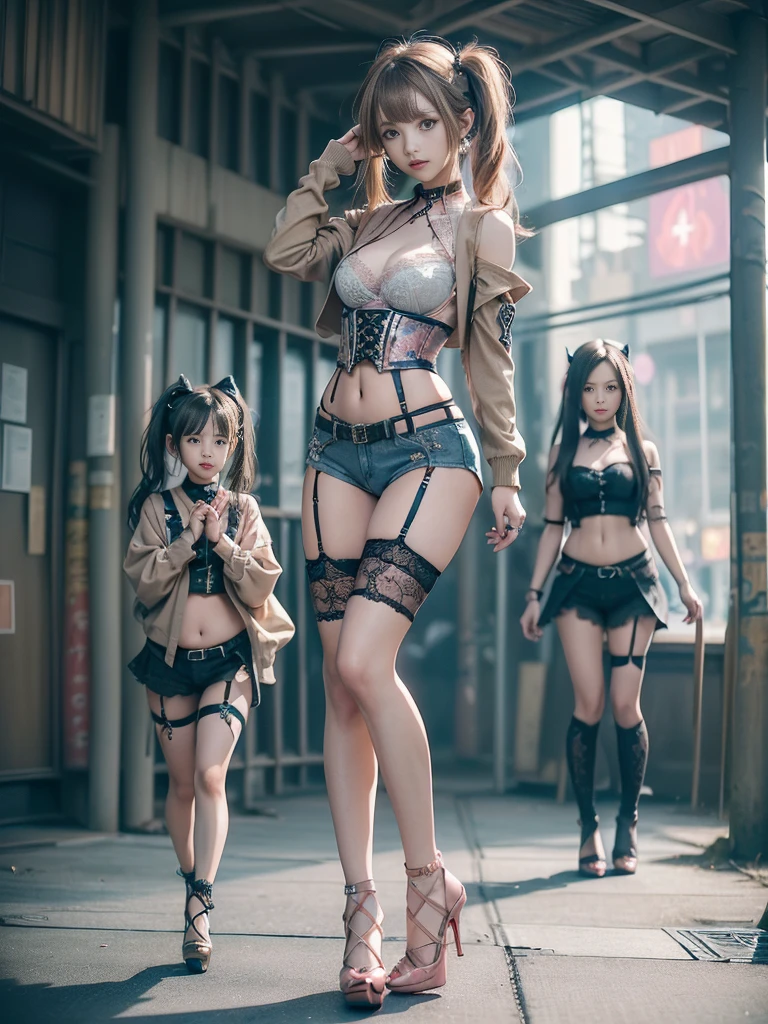 (Three Girls, 3 girls:1.5)、(Back view:1.5)、(Look over your shoulder:1.3)、(Show off your beautiful ass:1.4)、(Smiling with teeth showing:1.3),(Shibuya Gal:1.5)、(Dark fantasy world:1.4)、(Neo-Goth Fashion:1.5)、(Punk RockVisual Kei:1.3)、(Futuristic black, beige and pink bodysuit:1.5)、(Delicate denim and beige cardigan:1.5)、(Gorgeous decorated corset:1.4)、(Red Garter Belt:1.5)、(Denim and pink cargo pants:1.3)、(Heart-shaped silver accessories:1.5)、(Brown Skin Belt:1.4)、(Blue High Heels:1.4)、(Lace underwear:1.4)、20-year-old、Browsing Caution,((Highest quality、In 8K、masterpiece:1.3))、Sharp focus:1.2、(Layered Cut、Huge breasts:1.1),Beautiful woman with perfect figure:1.4、(The three of them are posing together in a cute way.:1.3)、Slim Abs:1.2、Butt、Highly detailed face and skin texture、Fine grain、double eyelid,(Twin tails:1.3)、(Brownish golden hair:1.3)、Obscene、Idol Sculpture、(The background is a cityscape of a fantasy world:1.3)、(Slimming your legs:1.4)、(The body is slim:1.3)、(clavicle:1.1)