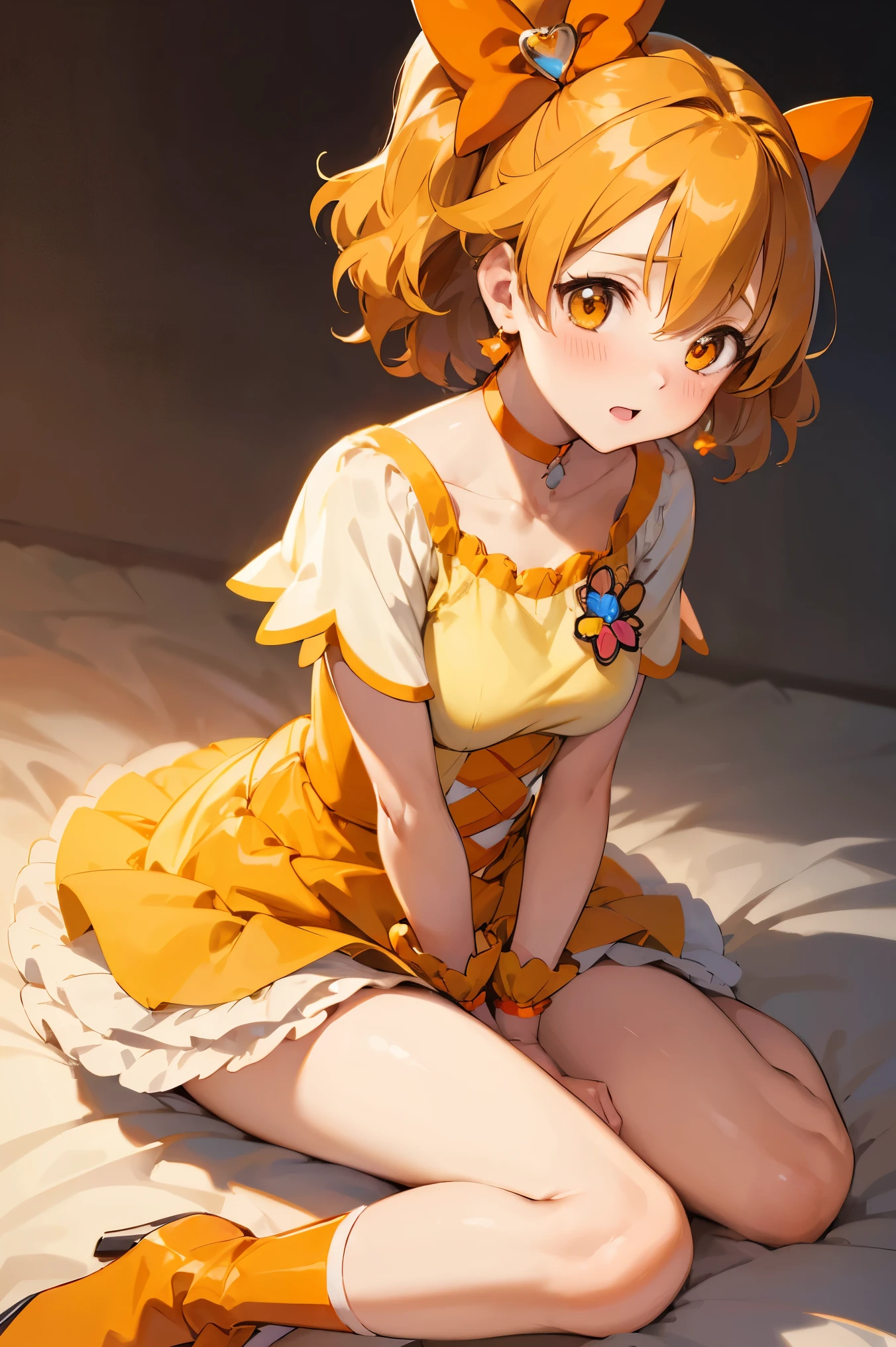 NSFW,masterpiece,Best Quality, high resolution on down, very detailed,Cure Pine \( Pretty Cure\), one side up 、 short hair、 hair bow、Frills、Short sleeve、Wrist cuffs、 orange choker、orange boots 、Yellow Skirt,Embarrassed,blush, shy