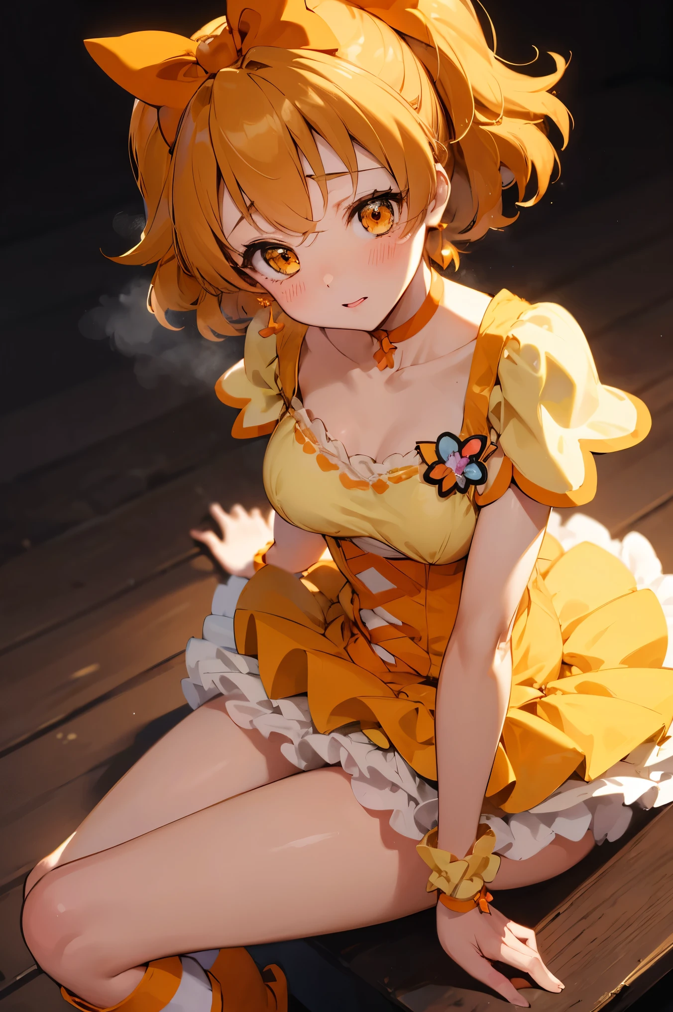 NSFW,masterpiece,Best Quality, high resolution on down, very detailed,Cure Pine \( Pretty Cure\), one side up 、 short hair、 hair bow、Frills、Short sleeve、Wrist cuffs、 orange choker、orange boots 、Yellow Skirt,Embarrassed,blush, shy