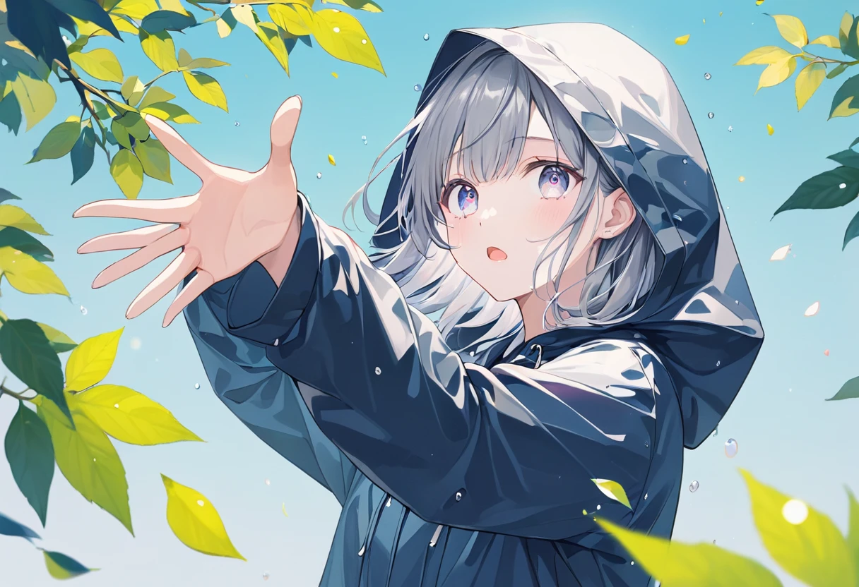 ((pastel))、1 woman, upper body,A woman extending her hand,Look this way,((Careful depiction)), gradation eyes ,Teary-eyed, open your mouth ,Grey Hair, black hoodie,Raincoat,white,濡れたRaincoat,  navy blue background ,Leaves scatter , Moderate Blur ,Light,Strong vignette, soft pattern masterpiece,Best Quality,Exquisite,8k, absurd, super detailed illustrations on white paper ,( Viewers )