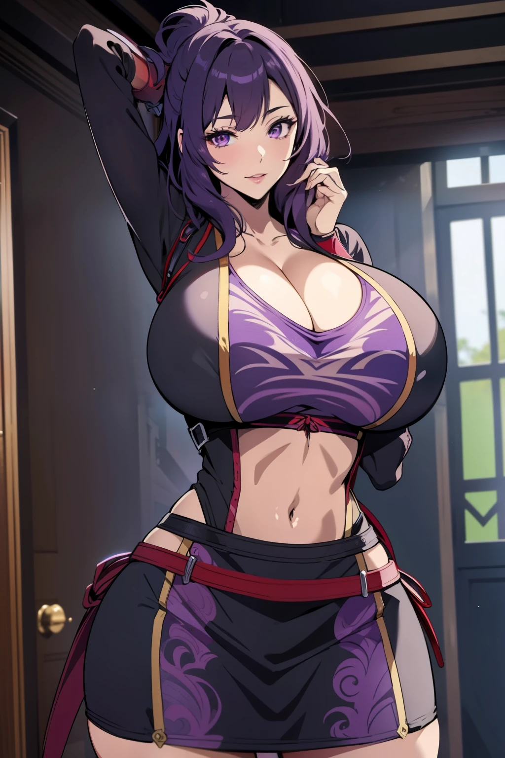 An anime-style artwork depicting rixia mao
Tags: best quality, (masterpiece:1.2), illustration, absurdres, (1girl), (solo), (beautiful detailed girl), (upper body, portrait), Rixia Mao, (dark purple hair), medium hair, purple eyes, (black skirt suit), pencil skirt,, anime, detailed eyes, detailed lips, , , smiling expression, intense gaze, dynamic pose, indoor, palace, vibrant colors, digital art, high-resolution, professional quality, gigantic breasts, (cleavage:1.1),  curvy, cowboy shot, (gigantic breasts: 1.4),