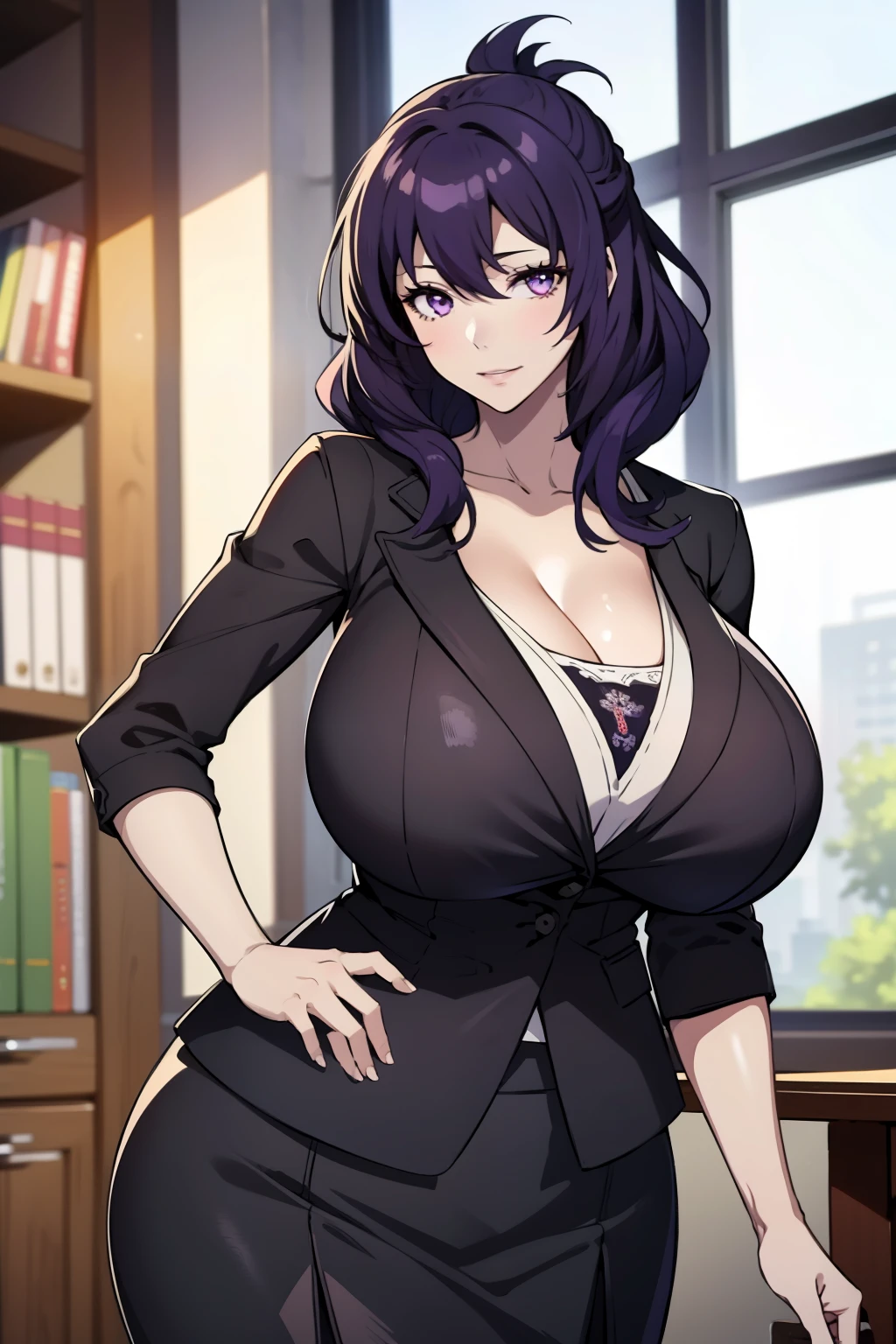 An anime-style artwork depicting rixia mao
Tags: best quality, (masterpiece:1.2), illustration, absurdres, (1girl), (solo), (beautiful detailed girl), (upper body, portrait), Rixia Mao, (dark purple hair), medium hair, purple eyes, (black skirt suit), pencil skirt,, anime, detailed eyes, detailed lips, , , smiling expression, intense gaze, dynamic pose, indoor, palace, vibrant colors, digital art, high-resolution, professional quality, gigantic breasts, (cleavage:1.1),  curvy, cowboy shot, (gigantic breasts: 1.4),