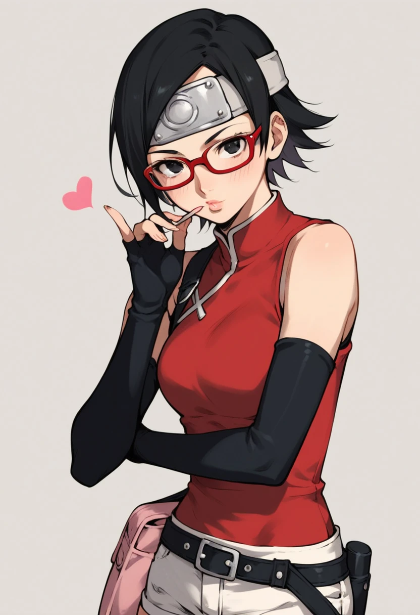 (score_9, score_8_up), score_7_up, zPDXL, Sarada Uchiha, solo, 1girl, black hair, short hair, upper body, red framed glasses, glasses, black eyes, red dress, sleeveless, elbow gloves, black gloves , fingerless gloves, white shorts, black socks, thigh holster, high heels, pink bag, blowing kiss with lips, looking at viewer, blush, forehead protector, Konohagakure symbol, simple background