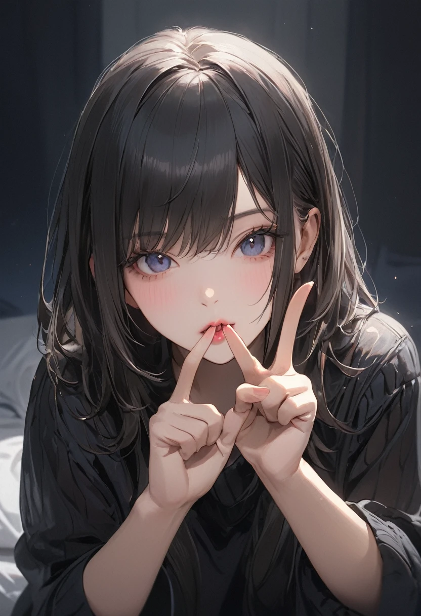 (masterpiece), ((最high quality)), (masterpiece,最high quality,Official Art,Highly detailed CG Unity 8k wallpaper)、Beautiful Japanese Women、Face drawn in detail、Smooth Skin、(Short black hair:1.5)、Calm expression、high quality、Realistic、((Hollow yellow eyes:1.4))、A seductive smile、(Open your mouth wide:1.5)、(Looking up at the viewer:1.4)、((fellatio gesture:1.6))、Big Breasts、((Perfect Anatomy:1.8、Five fingers))