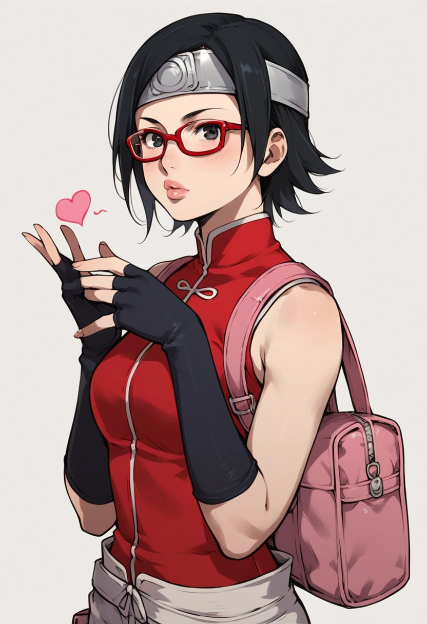 (score_9, score_8_up), score_7_up, zPDXL, Sarada Uchiha, solo, 1girl, black hair, short hair, upper body, red framed glasses, glasses, black eyes, red dress, sleeveless, elbow gloves, black gloves , fingerless gloves, white shorts, black socks, thigh holster, high heels, pink bag, blowing kiss with lips, looking at viewer, blush, forehead protector, Konohagakure symbol, simple background