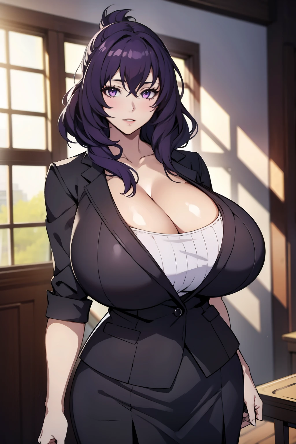 An anime-style artwork depicting rixia mao
Tags: best quality, (masterpiece:1.2), illustration, absurdres, (1girl), (solo), (beautiful detailed girl), (upper body, portrait), Rixia Mao, (dark purple hair), medium hair, purple eyes, (black skirt suit), pencil skirt,, anime, detailed eyes, detailed lips, , , smiling expression, intense gaze, dynamic pose, indoor, palace, vibrant colors, digital art, high-resolution, professional quality, gigantic breasts, (cleavage:1.1),  curvy, cowboy shot, (gigantic breasts: 1.4),