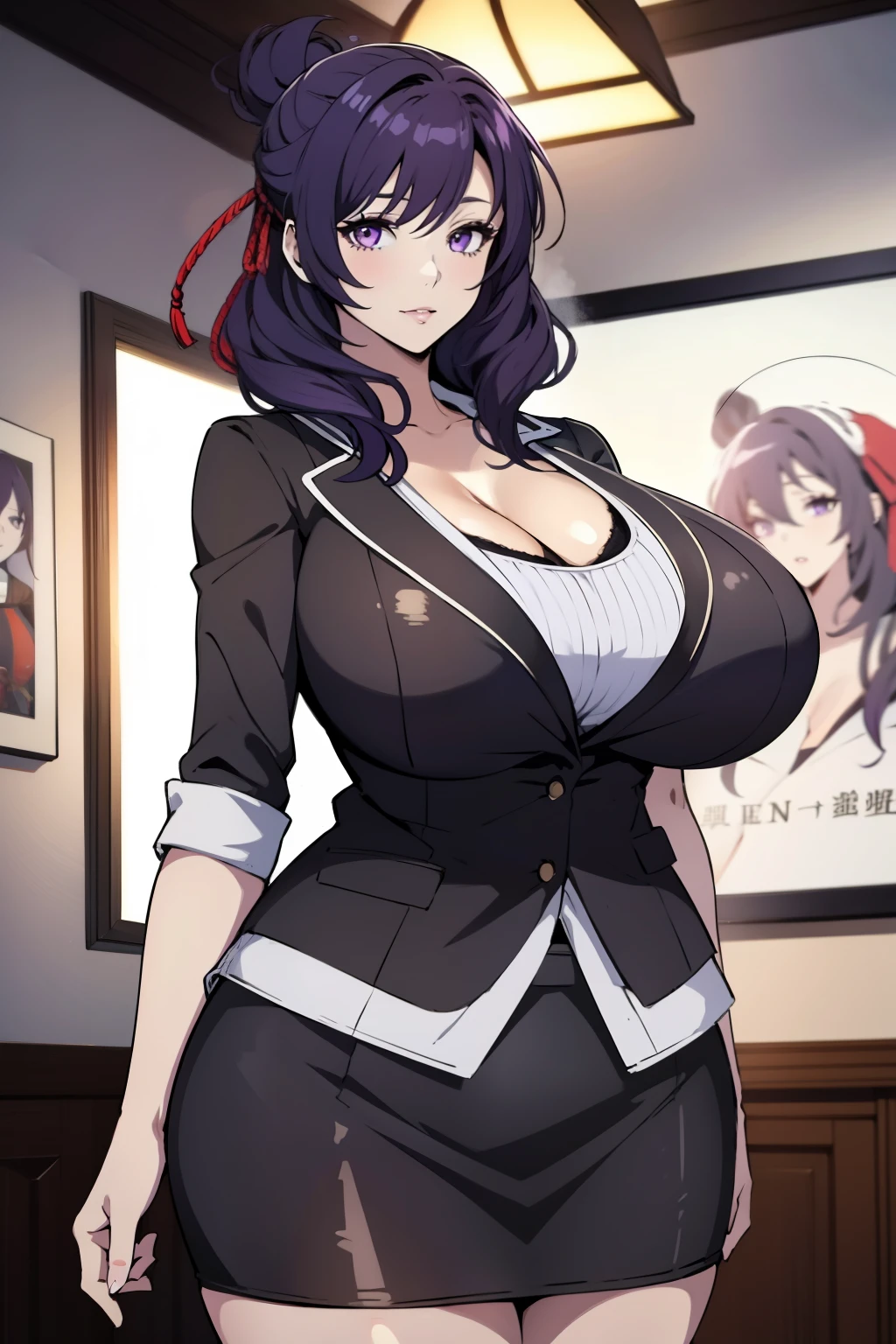 An anime-style artwork depicting rixia mao
Tags: best quality, (masterpiece:1.2), illustration, absurdres, (1girl), (solo), (beautiful detailed girl), (upper body, portrait), Rixia Mao, (dark purple hair), medium hair, purple eyes, (black skirt suit), pencil skirt,, anime, detailed eyes, detailed lips, , , smiling expression, intense gaze, dynamic pose, indoor, palace, vibrant colors, digital art, high-resolution, professional quality, gigantic breasts, (cleavage:1.1),  curvy, cowboy shot, (gigantic breasts: 1.4),