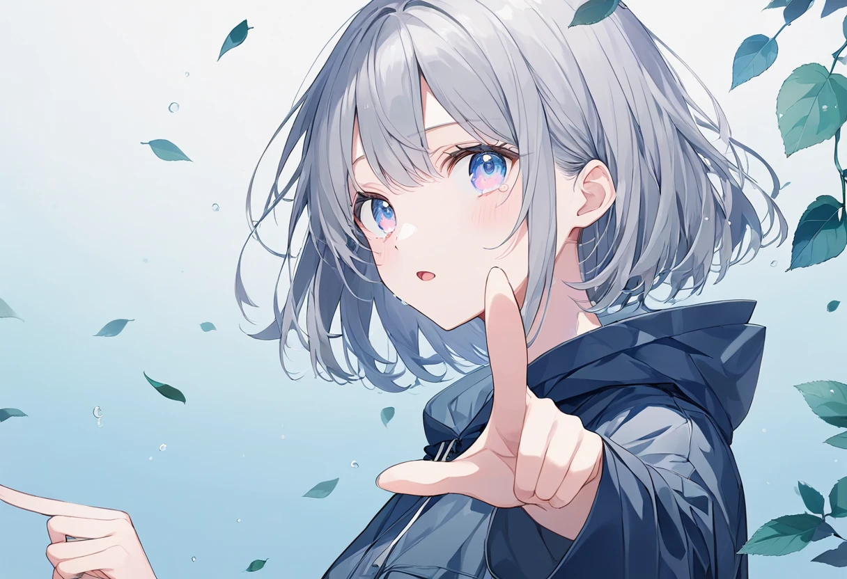 ((pastel))、1 woman, upper body, side angle pointing backwards,Woman extending one hand ,Look this way,((Careful depiction)), gradation eyes ,Teary-eyed, open your mouth ,Grey Hair, black hoodie,Raincoat,white,濡れたRaincoat,  navy blue background ,Leaves scatter , Moderate Blur ,Light, strong vignette soft pattern masterpiece,Best Quality,Exquisite,8k, absurd, super detailed illustrations on white paper ,( Viewers )