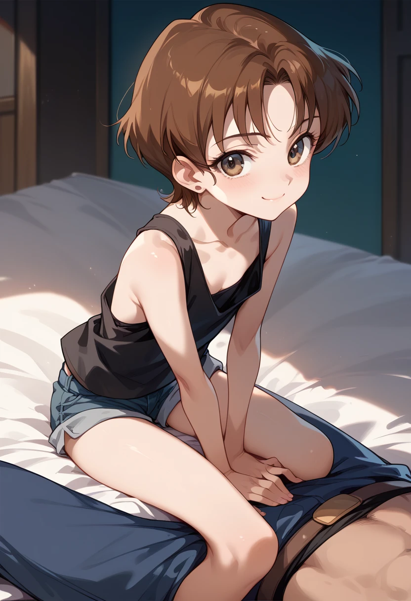 masterpiece, high resolution on down,Best Quality,8k( Detective Conan ,Haibara Ai)
(  girl,, flat chest,short,Brown Hair, short hair)  fearless smile  
(Grey short hot pants, Black Tank Top),Hands Between Legs