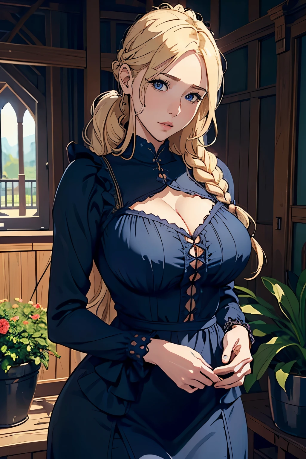 Beautiful Farmer with Braids. ((  BLONDE WOMAN, very straight hair,  young woman,  mature milf's face,  ponytail, tall woman)), Perfectly round face. cute and pretty face, big lips, beautiful and voluptuous , enchanting beauty, ((gentle expression on his face)), ((Beautiful big,  detailed BLUE eyes )),  thin waist, long legs (( Dark blue dress with ruffles,  mature adult woman , adult milf face, capa longa, farmer dress)) (highly detailed)),official art, Award-winning digital painting,  digital illustration,  extreme details , 4K, Ultra HD, rococo, polished, intricate, Realistic fantasy art, sharp focus,  conceptual artwork, arte por wlop, germ of art, (2D vector illustration) light, airy, Hourglass figure. ellie bamber
