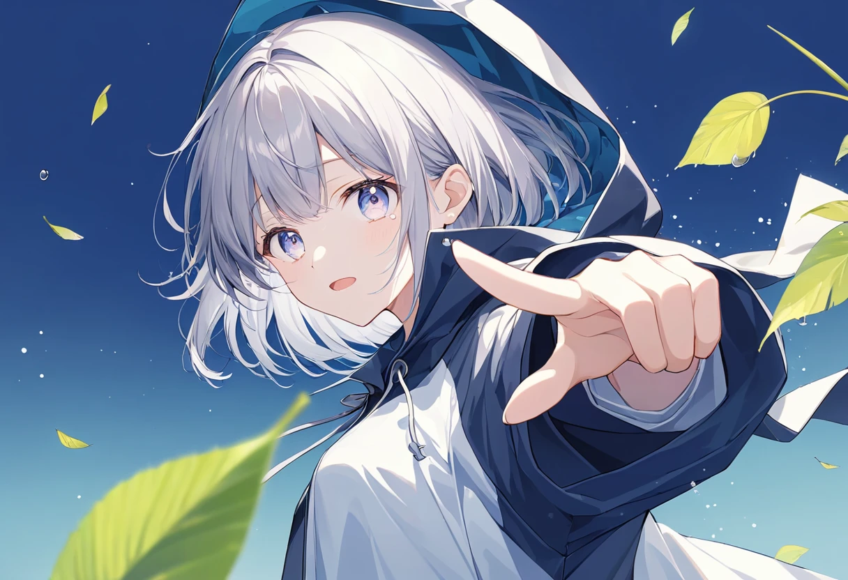 ((pastel))、1 woman, upper body, side angle pointing backwards,Woman extending one hand ,palm ,Look this way,((Careful depiction)), gradation eyes ,Teary-eyed, open your mouth ,Grey Hair, black hoodie,Raincoat,white,濡れたRaincoat,  navy blue background ,Leaves scatter , Moderate Blur ,Light, strong vignette soft pattern masterpiece,Best Quality,Exquisite,8k, absurd, super detailed illustrations on white paper ,( Viewers )