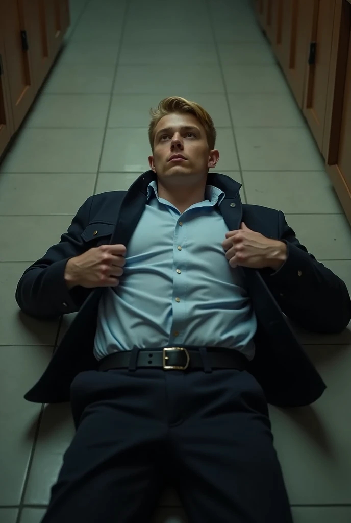 Bel Homme jeune 30 aine charismatique blond cheveux longs, en costard, mourrant avec du sang sur le ventre assis nonchalant contre le mur, les jambes étendues sur le sol de la salle de bain le regard vide