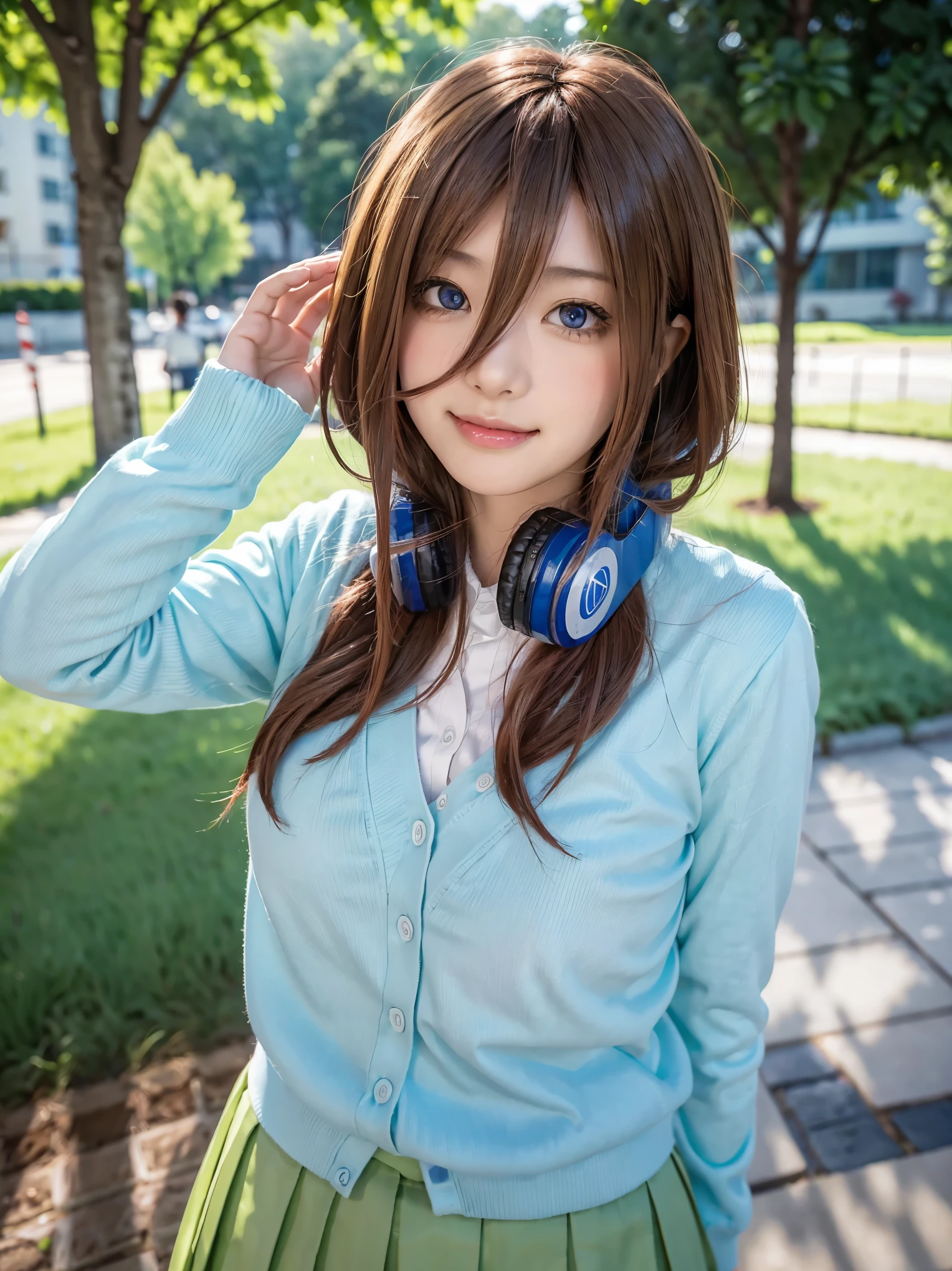 (beautiful japanese girl),  (shy Smile:1.25), (Generous Breasts:1.5), Saggy breasts, 
break 
(Shot with Canon EOS 5D Mark 4 and Canon EF Lens 85mm F1.2L lens, F value 1.2, ISO 50, shutter speed 64), 
break
18 years old, (Generous Breasts:1.5), Saggy breasts, 
break
 (cowboy shot:1.5), (Seductive pose:1.3), dynamic angle, 
break
beautiful and fine eyes, perfection, perfection, roll your eyes, detailed face, fine eyes, excellent quality, masterpiece, very detailed, Advanced level of detail, many details, high quality, cinematic light, real hands, (super realistic:1.3), perfect eyes, detailed skin, skin blemish, lip gloss, 
break 
miku nakano, long hair, (bangs:1.3), blue eyes, brown hair, hair between eyes, headphones, headphones around neck,
break
break light blue sweater, collared white shirt, green pleated skirt, school uniform,
break
break outside, clear sky, outdoors, in the city,