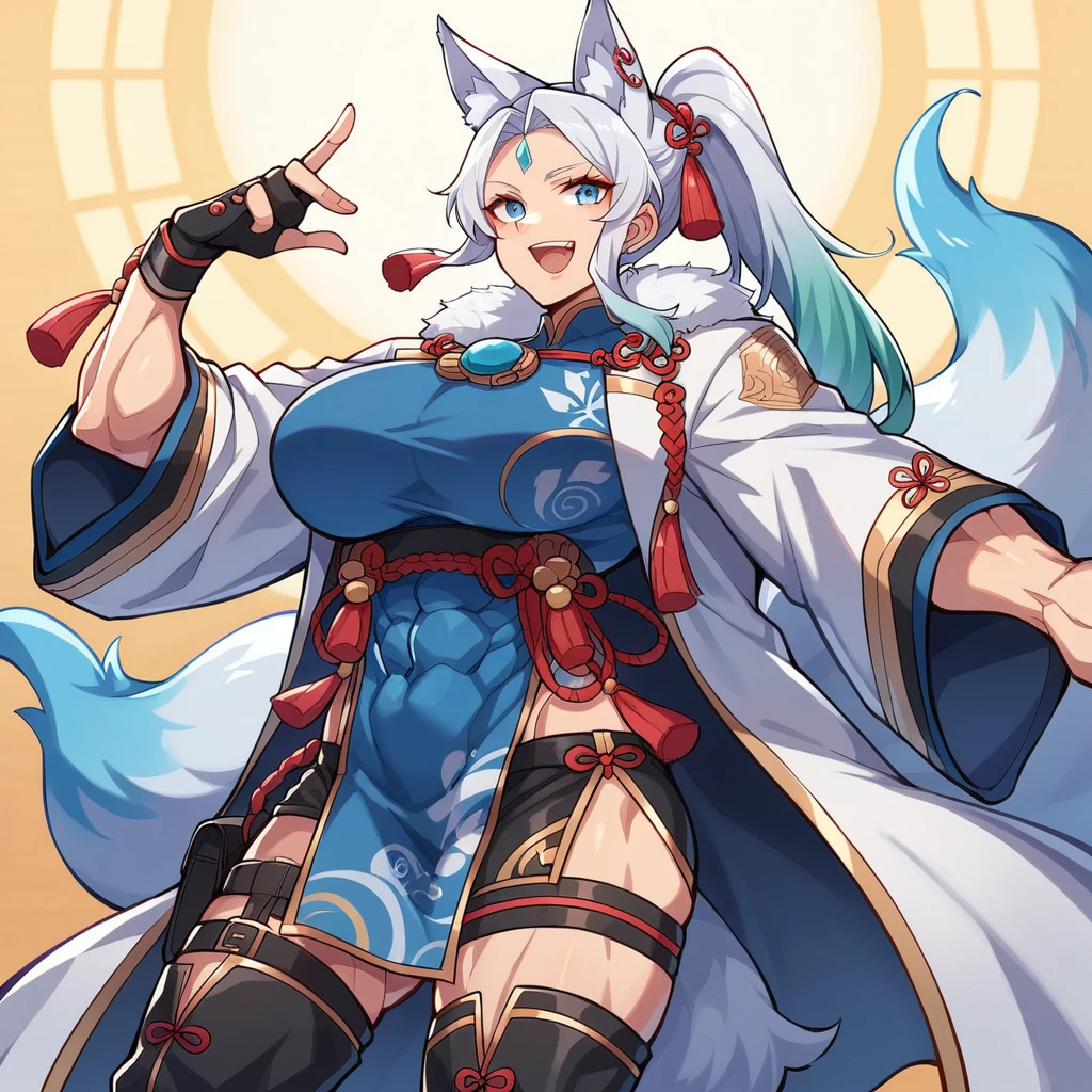 Large biceps, ( FeixiaoDefault, animal ears, long hair, ponytail, gradient hair, white hair, blue eyes, forehead jewel, ear piercing, tassel hair ornament, tassel earring, blue shirt, chinese clothes, brooch, red tassel, white coat, black gloves, fingerless gloves, white belt, blue waist cape, black shorts, thigh strap, knee boots,((animal ears,fox ears,gradient kitsune tail)), solo, holster on the hips,,((night japanese festival)),female abs,muscular, (eight abs pack),((smiling)),((scar on body)),((holding an ice cream)),((eight kitsune tails)),((watch on wrist)),((nighttime)),one hand reaching out towards the viewer,((night star sky)),moon