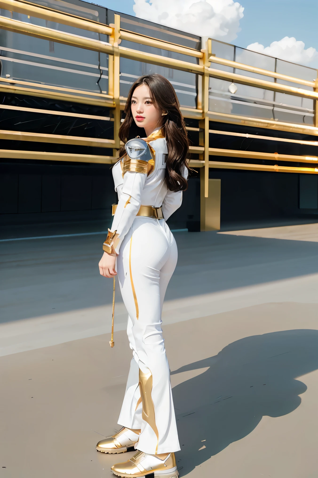 ((masterpiece, best quality, extremely detailed), volumetric lighting, ambient occlusion, colorful, glowing), 
1girl, solo, young girl, (dark hair), long hair, halo, aura, sacred, goddess, cleric suit, (white outfit with gold detailst:1.3), armor,
outdoors, sunset, sky, clouds, space, (fantasy theme:1.2),ม 1girl, full body, Illustration, cinematic light, high resolution, best quality, ultra-detailed, masterpiece, power suit, powerranger, suit, spd, (Silver and Gold chest plate), white and gold detail, (((white suit))), ((police theme:1.2))
