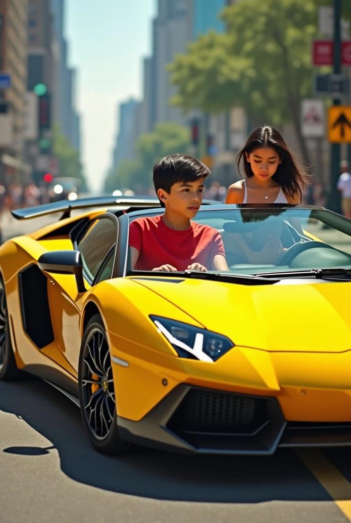 Two boys sitting on top of a Lamborghini car, one has Sanjay mogiya written on his chest and the other has Rahul khuswah written on his chest