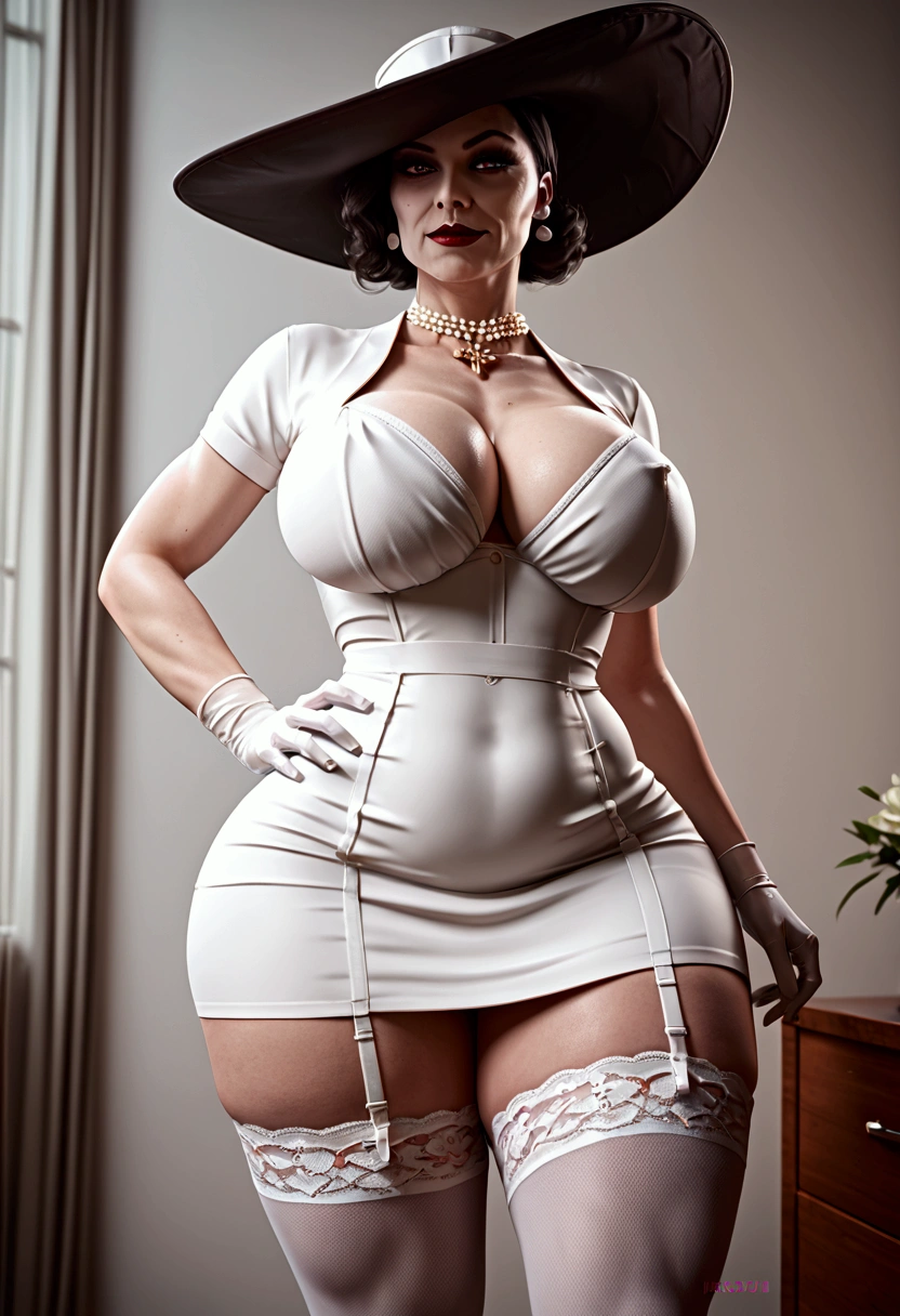  Alcina dimitrescu, Bimbo Body, Big breast, wide hips, nurse outfit, lady dimitrescu, 1girl, score_9, score_8_up, score_7_up, score_6_up BREAK , MILF, nurse outfit, lady dimitrescu with nurse outfit, nurse uniform, Mature lady, white skin,white stockings, stockings