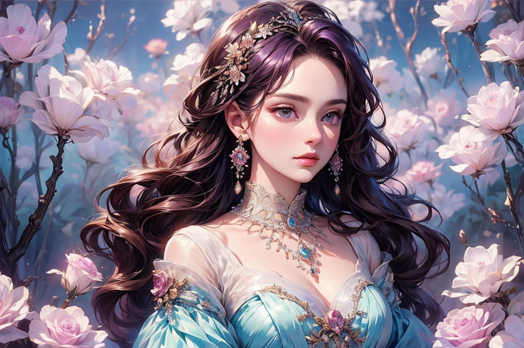 beautiful elegant woman, photorealistic, 8k, hyperdetailed, masterpiece, fantasy art, dreamlike background, 1 adult female, clean detailed face, beautiful warm brown eyes, shiny purple hair, lovely light blue dress with intricate embroidery, luxurious jewelry, mesmerizing detailed art