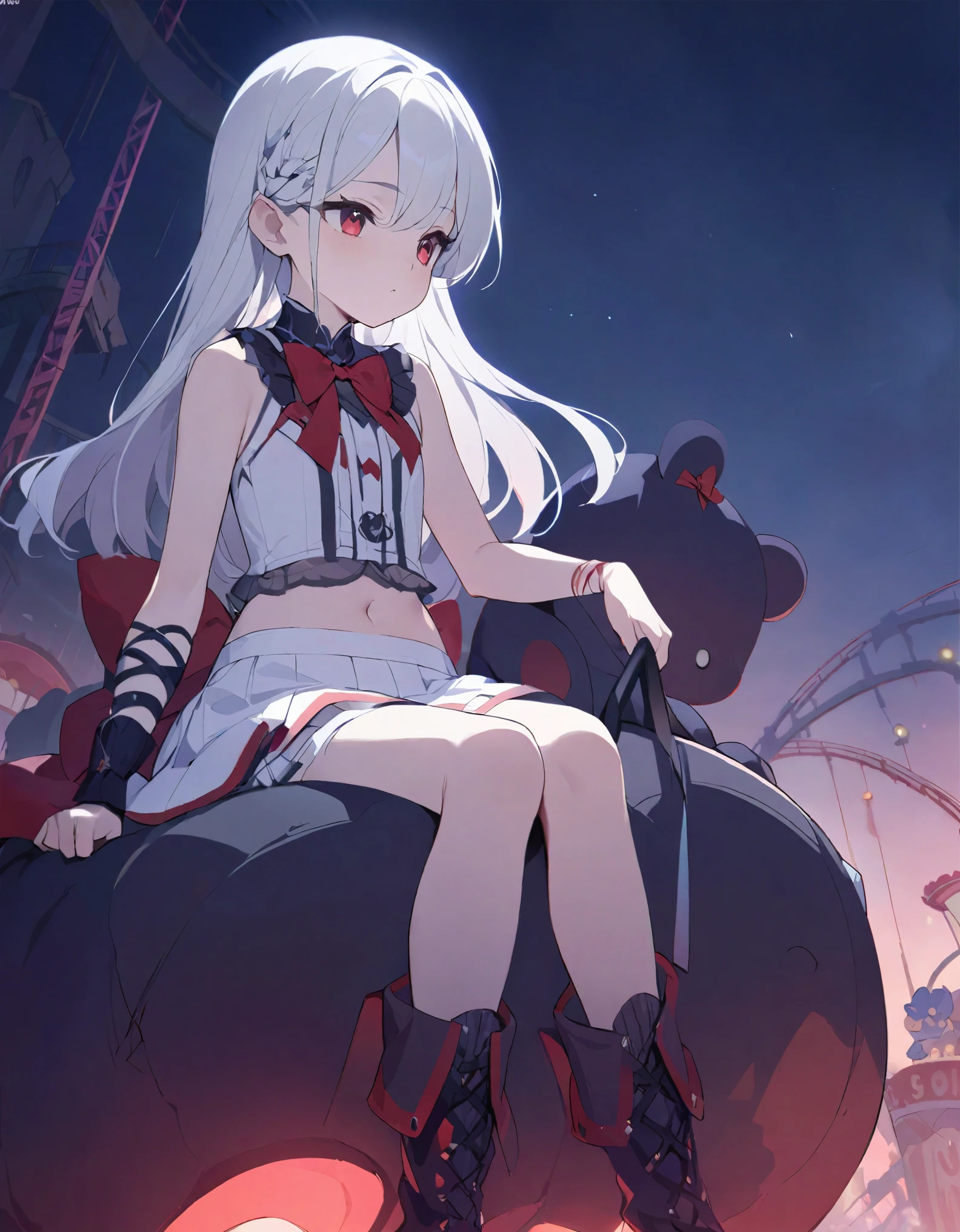 (((masterpiece))), (((Best Quality))),((( high detail))),Light manipulation, White Hair Girl, Black meshed hair 、Young少女、 Gradient Gray to Light Red Eyes ,  薄布のドレスを着た白髪のYoung美少女 ,  sleeveless、 red ribbon, (((change))), (((Young))) , Moonlight Background, Amusement park at night、 Ruined Amusement Park 、Quiet Ruins 、（Ruins of an amusement park without lights）、 Teddy Bears as Big as Totoro 、 Riding a Big Teddy Bear 、Accurate feet, Accurate Arm、Chest that pushes up、knees、stomach、Gothic Boots、white skirt with bow、 Long Shot 