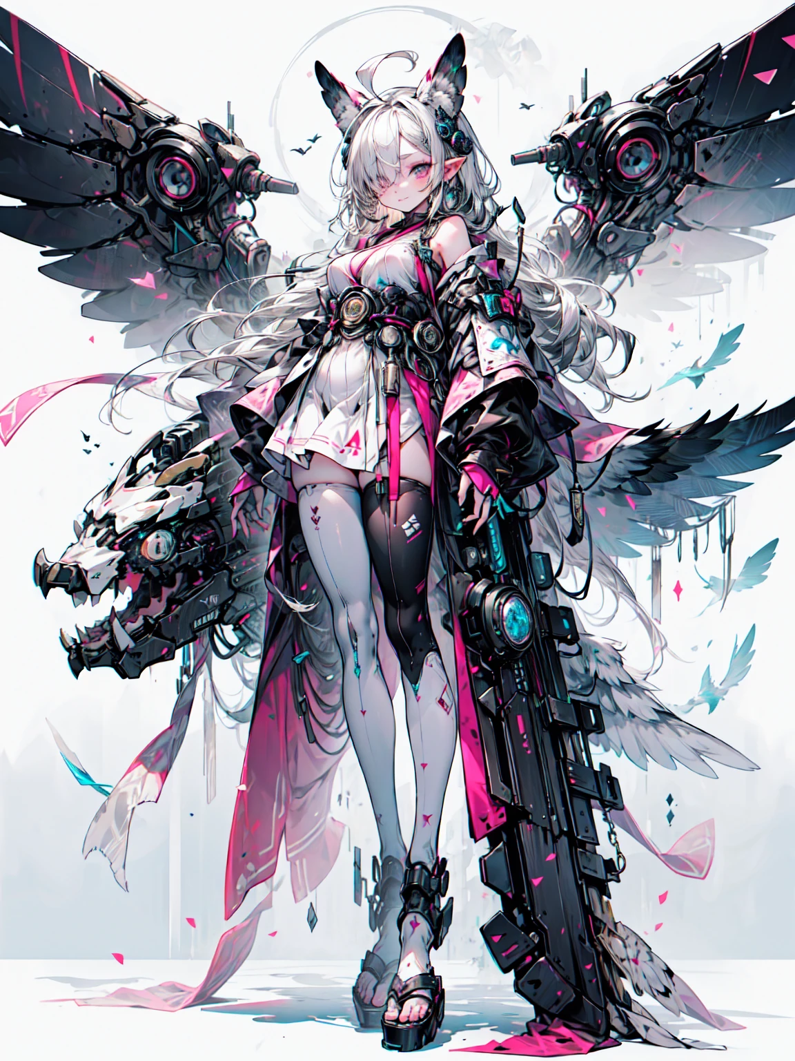 (masterpiece, Best Quality), (Thin Hair), Super detailed, Anime Style, Alone, full length, Super huge. Muscular,  cyberpunk ninja girl ,  wearing a black kimono 、 there are eerie kanji floating like shadows on top of it.  she has white and black swords ,  has long, unkempt silver hair ,  has eyes that burn like flames , Wearing straw sandals , Standing on a burning earth , White background, The whole body is standing,owl wings 、Blake、（Dark Elf), ( 1 girl), Alone,  perfect face, Get used to it, Ahoge, ((Long Hair:1.2)), ( hair above one eye:1.3), [[ hair is unkempt ]],  Shiny Blonde ,  purple eyes, Spotted Eyes,  colorful hair, Sparkling Eyes, (eyelash,  eyeshadow, pink  eyeshadow),  bright , smile, Design Art：Haruhiko Mikimoto, Kawasaki, Akihiko Yoshida

