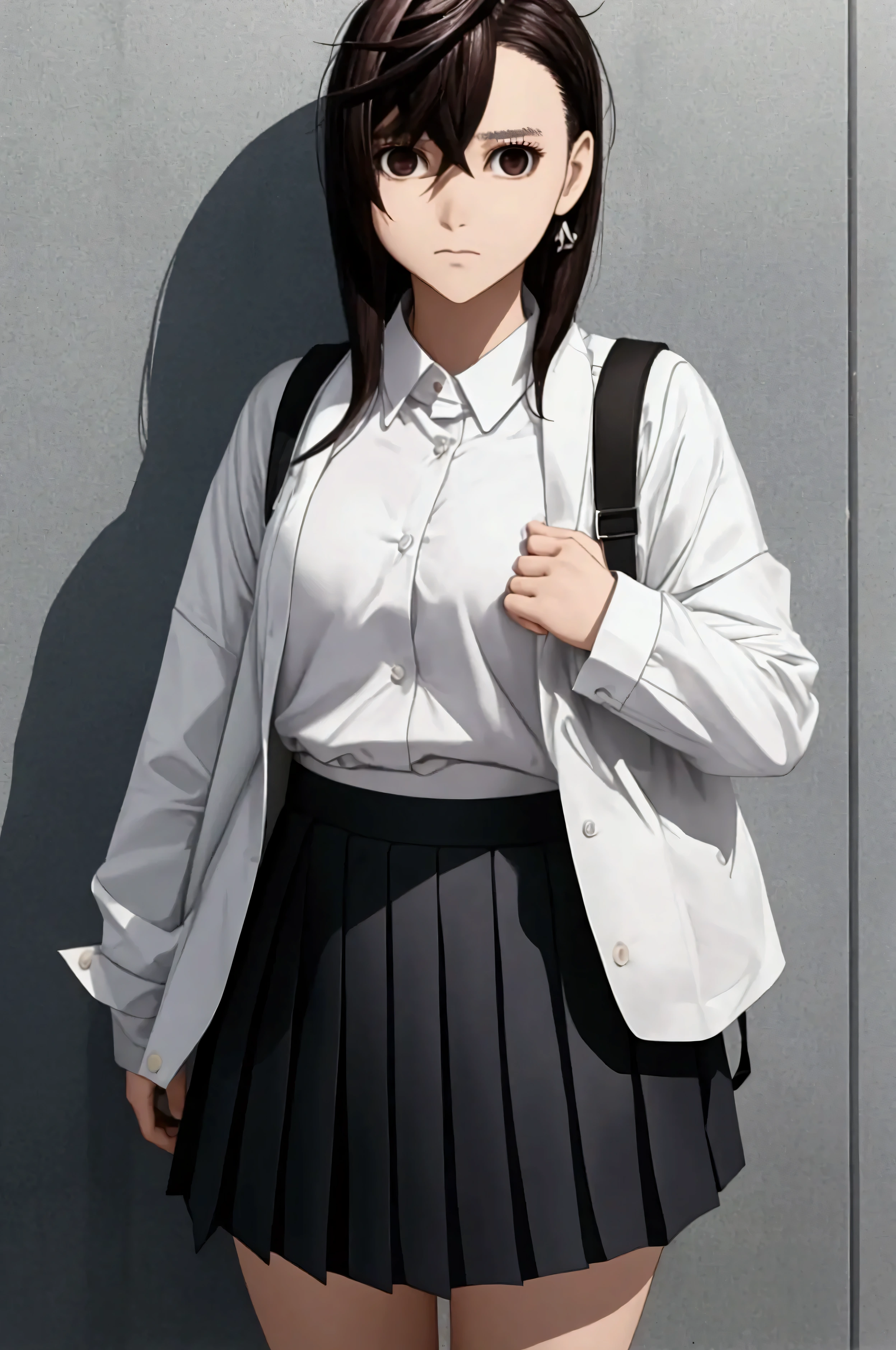 Momo Ayase, High school girl, white shirt, tiny pleated skirt, focus on thighs, bottom-up camera