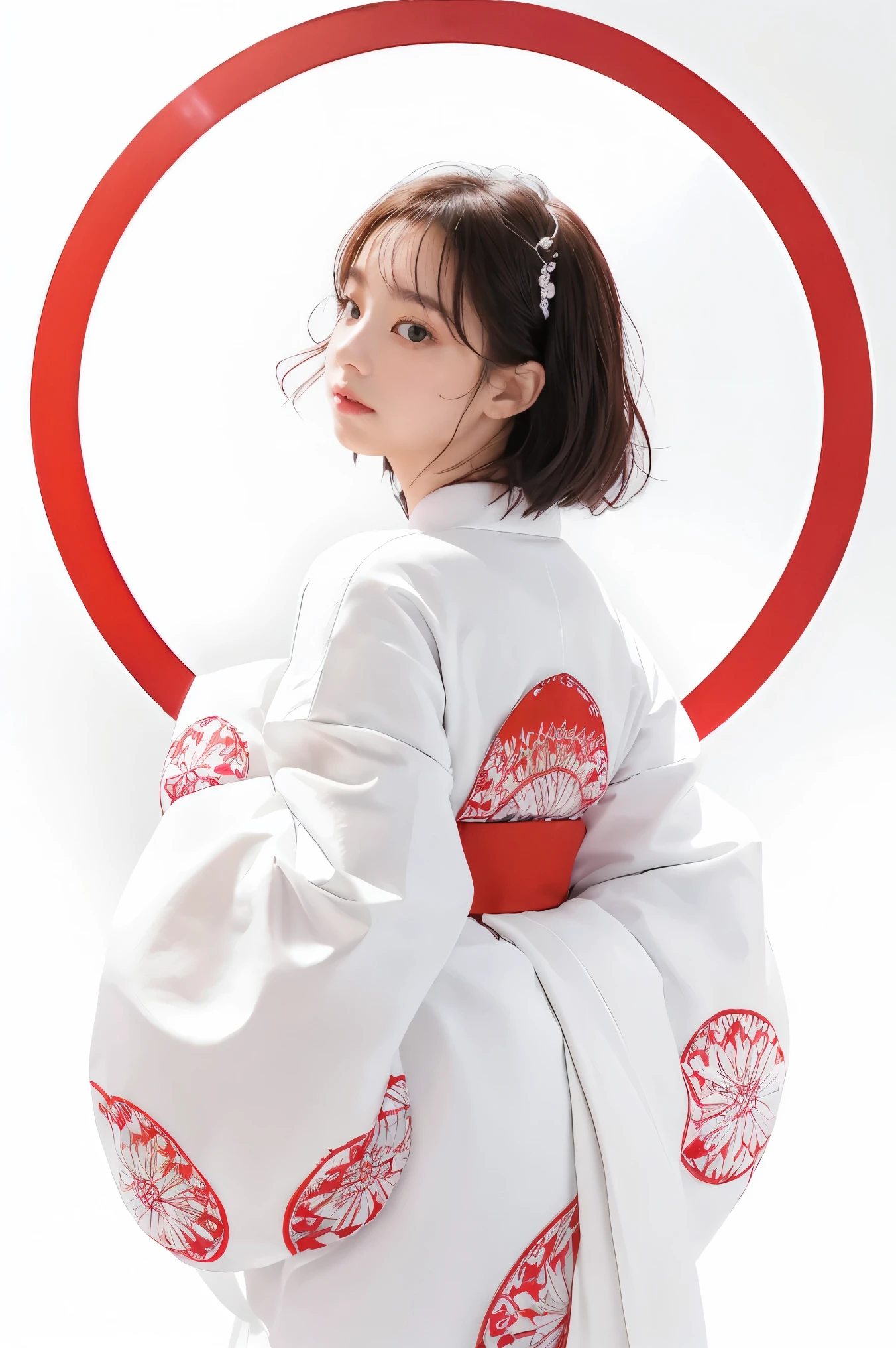 (((white background、White world)))、s、unity 8k wallpaper、super detailed、beautiful beautiful、masterpiece、highest quality、(tangleた、mandala、tangle、tangle)、(fractal art:1.3)、one girl、beautiful black hair、Japanese、Big pink、red kimono、Japanese clothing、very detailed、dynamic angle、cowboy shot、The most beautiful things form chaos、elegant、brutal design、Bright colors、romance、atmosphere、ecstasy notes、Streaming music notes are displayed、(((white background、pure white background、Red circle)))
