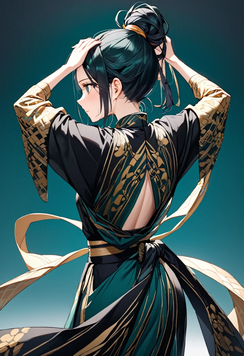 Hair: Long, dark teal hair tied back in a loose ponytail.

Position: Standing, depicted from the back.

Arms: Both hands are raised, with fingers running through the hair.

Attire: Wearing a black kimono with subtle golden patterns on the sleeves.