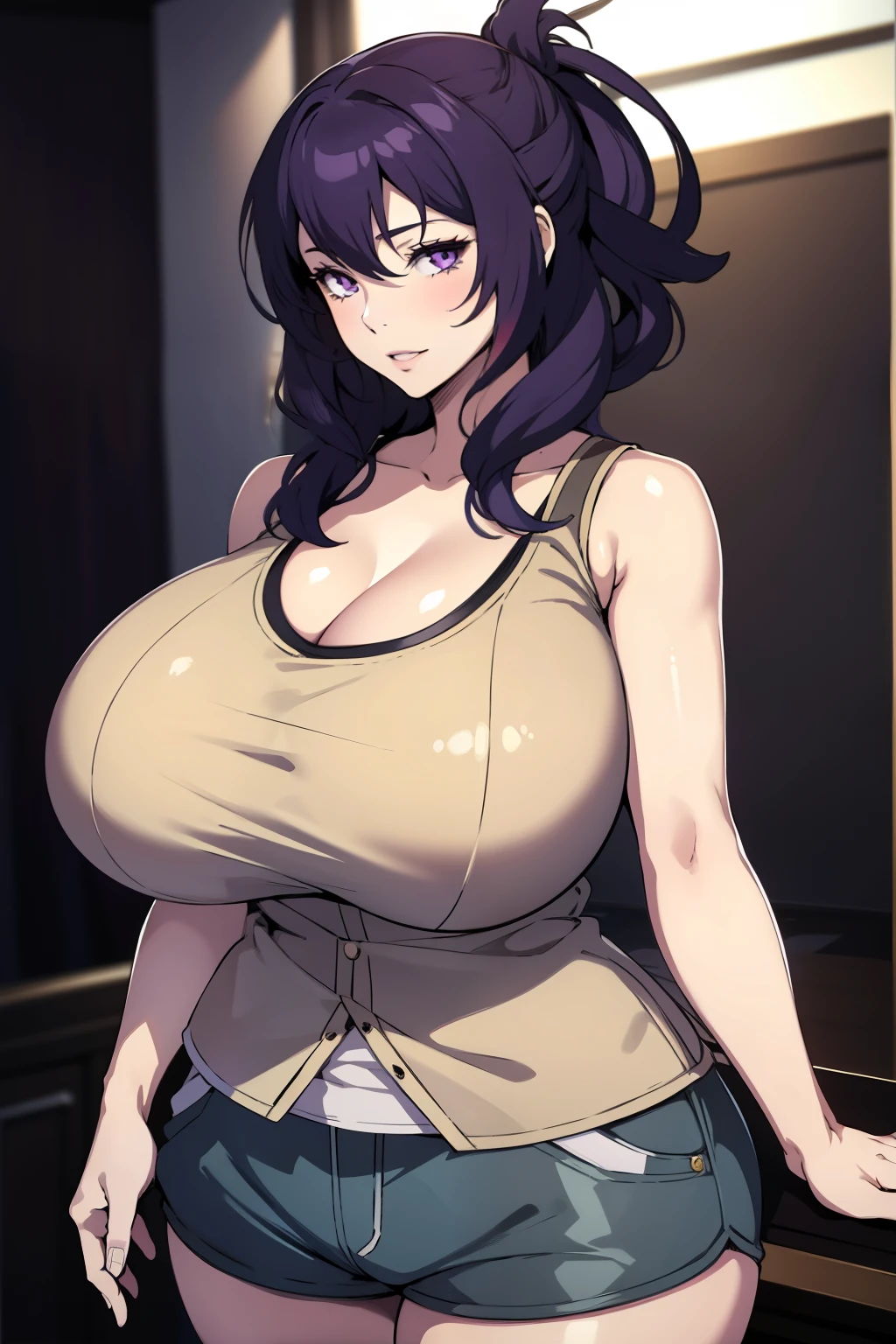 An anime-style artwork depicting rixia mao
Tags: best quality, (masterpiece:1.2), illustration, absurdres, (1girl), (solo), (beautiful detailed girl), (upper body, portrait), Rixia Mao, (dark purple hair), medium hair, purple eyes, (tank top), hotpants,, anime, detailed eyes, detailed lips, , , smiling expression, intense gaze, dynamic pose, indoor, palace, vibrant colors, digital art, high-resolution, professional quality, gigantic breasts, (cleavage:1.1),  curvy, cowboy shot, (gigantic breasts: 1.4),