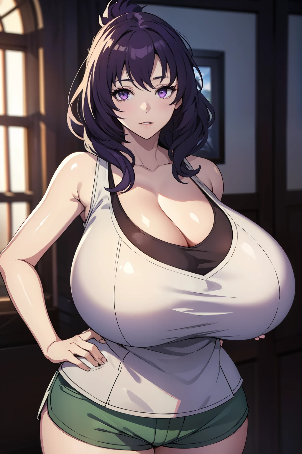 An anime-style artwork depicting rixia mao
Tags: best quality, (masterpiece:1.2), illustration, absurdres, (1girl), (solo), (beautiful detailed girl), (upper body, portrait), Rixia Mao, (dark purple hair), medium hair, purple eyes, (tank top), hotpants,, anime, detailed eyes, detailed lips, , , smiling expression, intense gaze, dynamic pose, indoor, palace, vibrant colors, digital art, high-resolution, professional quality, gigantic breasts, (cleavage:1.1),  curvy, cowboy shot, (gigantic breasts: 1.4),