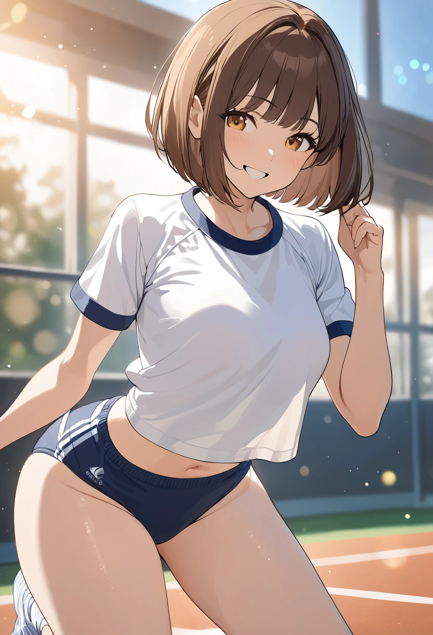  1 girl , (Brown Hair,  bob cut),  is crouching:1.2, smile, (School-Designated Sports, buruma:1.2, white round neck shirt , workout underwear), anime:1.2,  intricate detail ,  bright colors, Soft bokeh background ,  Digital Art , masterpiece:1.4.