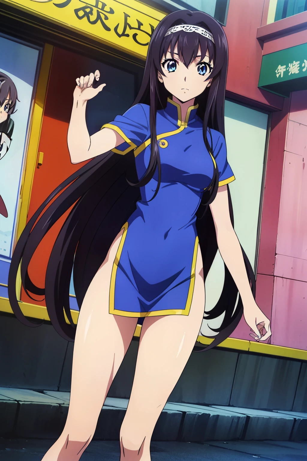 dynamic angle, 1 girl, cute, black hair, long hair, fighting, (knee kick),  in a blue Chinese dress, beautiful thigh, In street of Chinatown, (anime cels style, Masterpiece, best quality, high resolution, anime colored, megami magazine:1.2, anime poster style, anime keyvisual, sharp, 8k, photorealistic), beautiful eyes