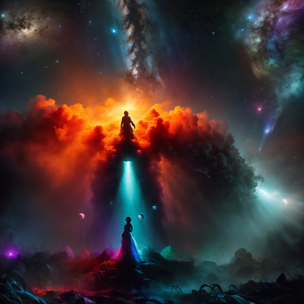  A cosmic space with people and light, (masterpiece:  dark elements ,  highest quality , 4k resolution,  vivid colors , detailed content ,  fantastic paintings )