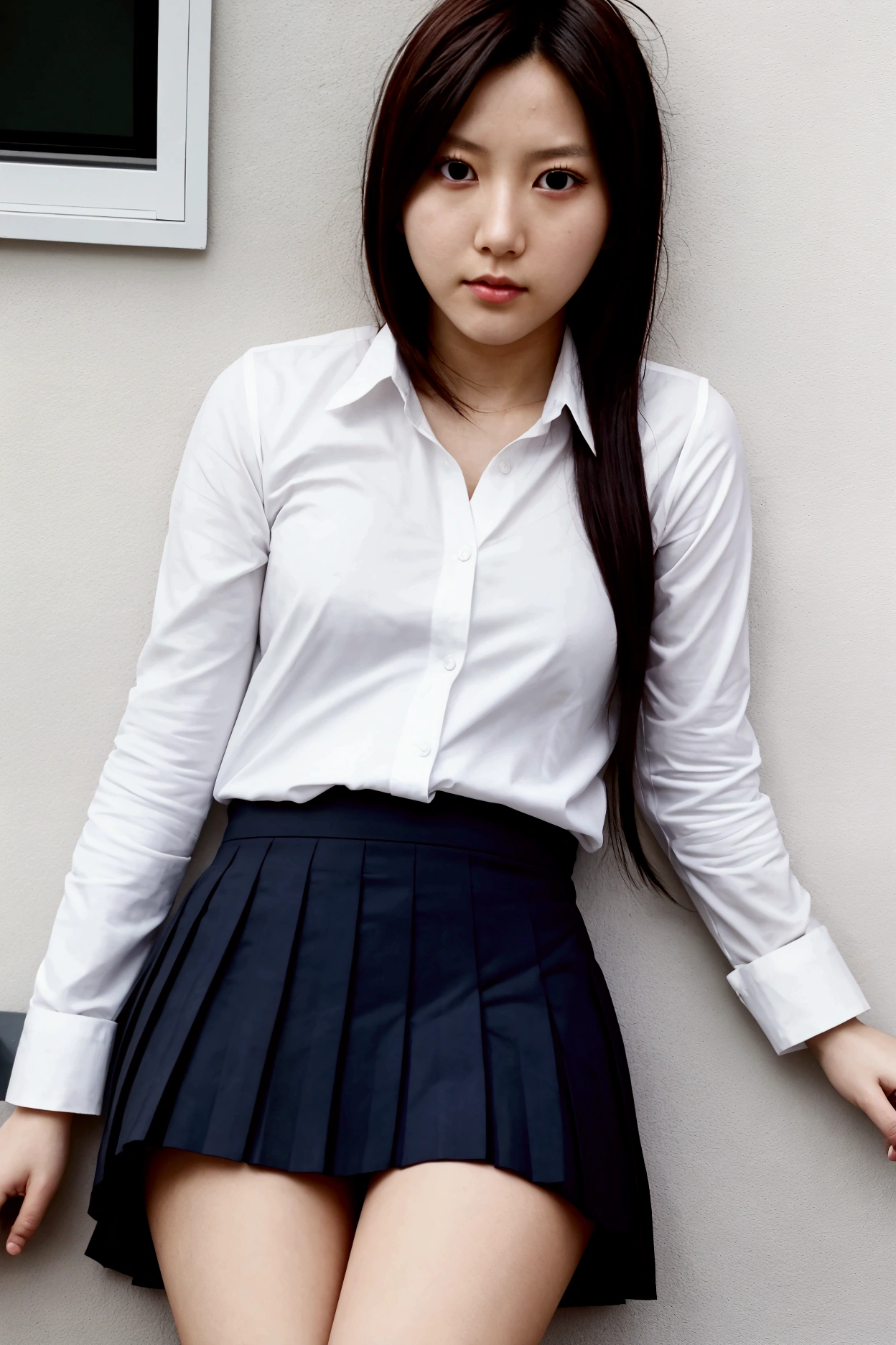 Momo Ayase, High school girl, white shirt, tiny pleated skirt, focus on thighs, bottom-up camera