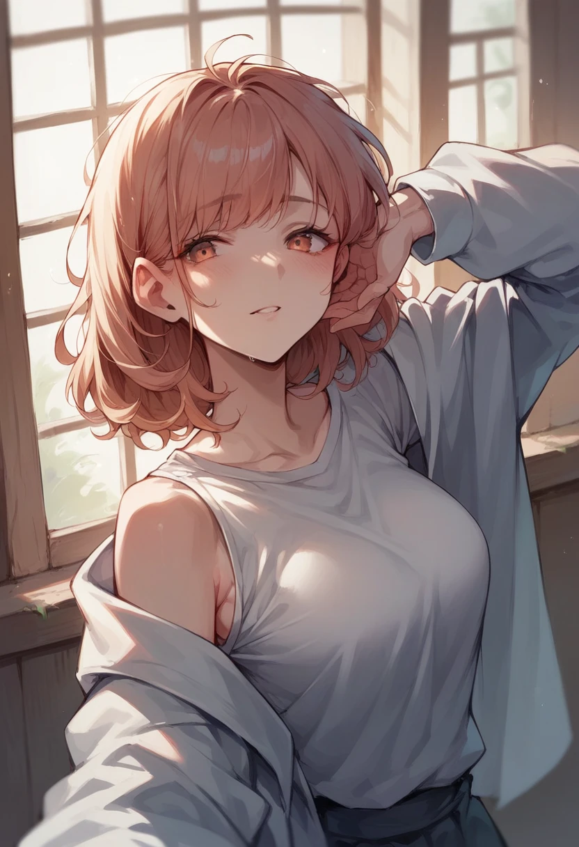 (Wet wetting of milk: 1.2) Portrait of redhead freckle teacher sitting on porch: white shirt with V-neck: 2], visible through white top T-shirt, slate atmosphere, cinematic, dim colors, dark shots, muted colors, film grainy, lut, insane details, complex details, ultra detail, close-up, dusk, ((nipple))