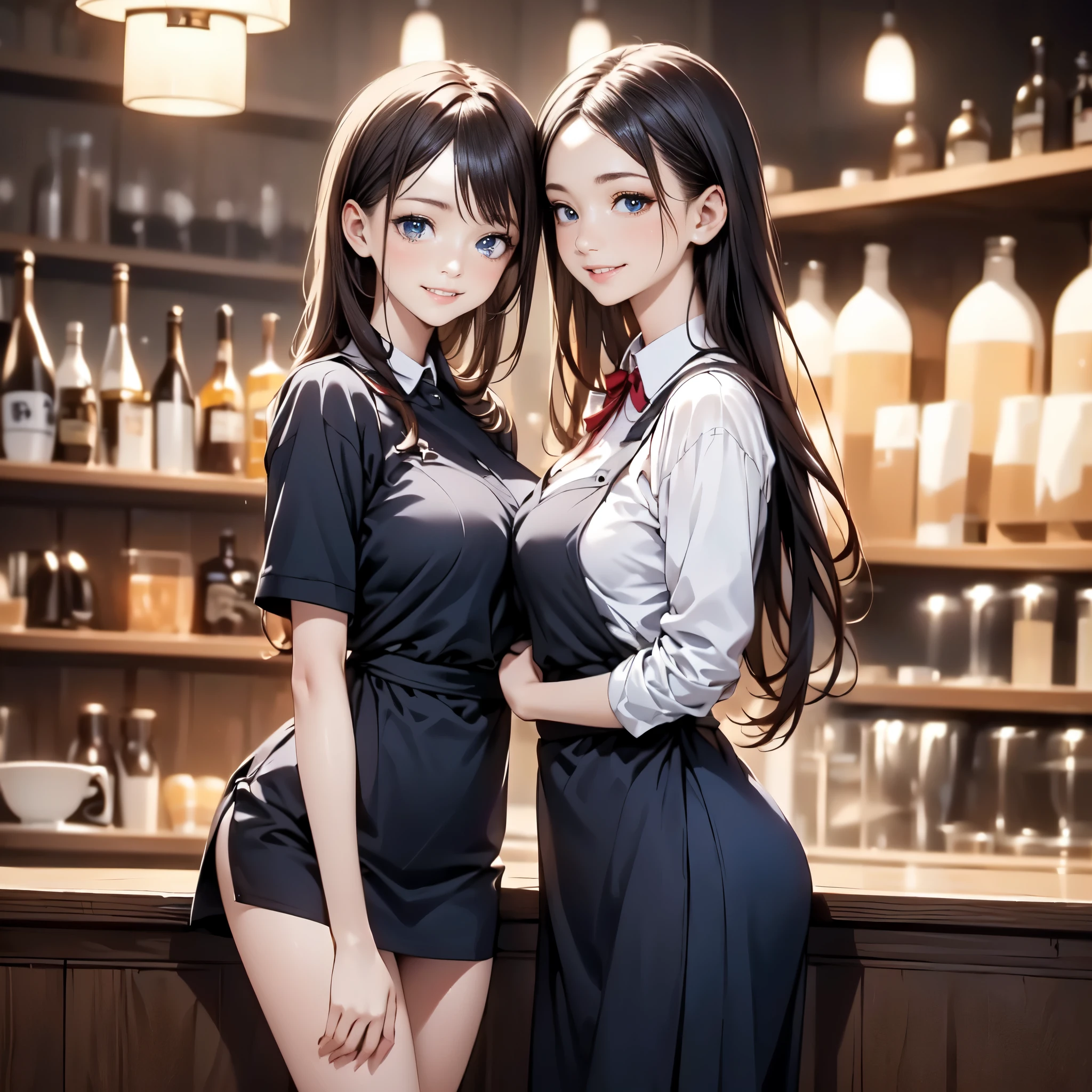 (masterpiece:1.2, highest quality), (realistic, photorealistic:1.4), (topless:1.8,full nude:1.8),beautiful illustrations, (natural side lighting, movie lighting), looking at the viewer, ((2 girls:1.7,black hair and blonde)), Japanese, perfect face, Cute symmetrical face, shiny skin, baby face, (long hair, straight hair, sideburns), flowing bangs, blue eyed idol chest, seductive thighs, big ass), earrings, beautiful hair, beautiful face, fine and beautiful eyes, beautiful clavicle, beautiful body, beautiful breasts, beautiful thighs, beautiful feet, beautiful fingers, black plaid pleated mini skirt,panties,toes)), (beautiful scenery), evening, (cafe shop), Are standing, (nice smile, upper grade),