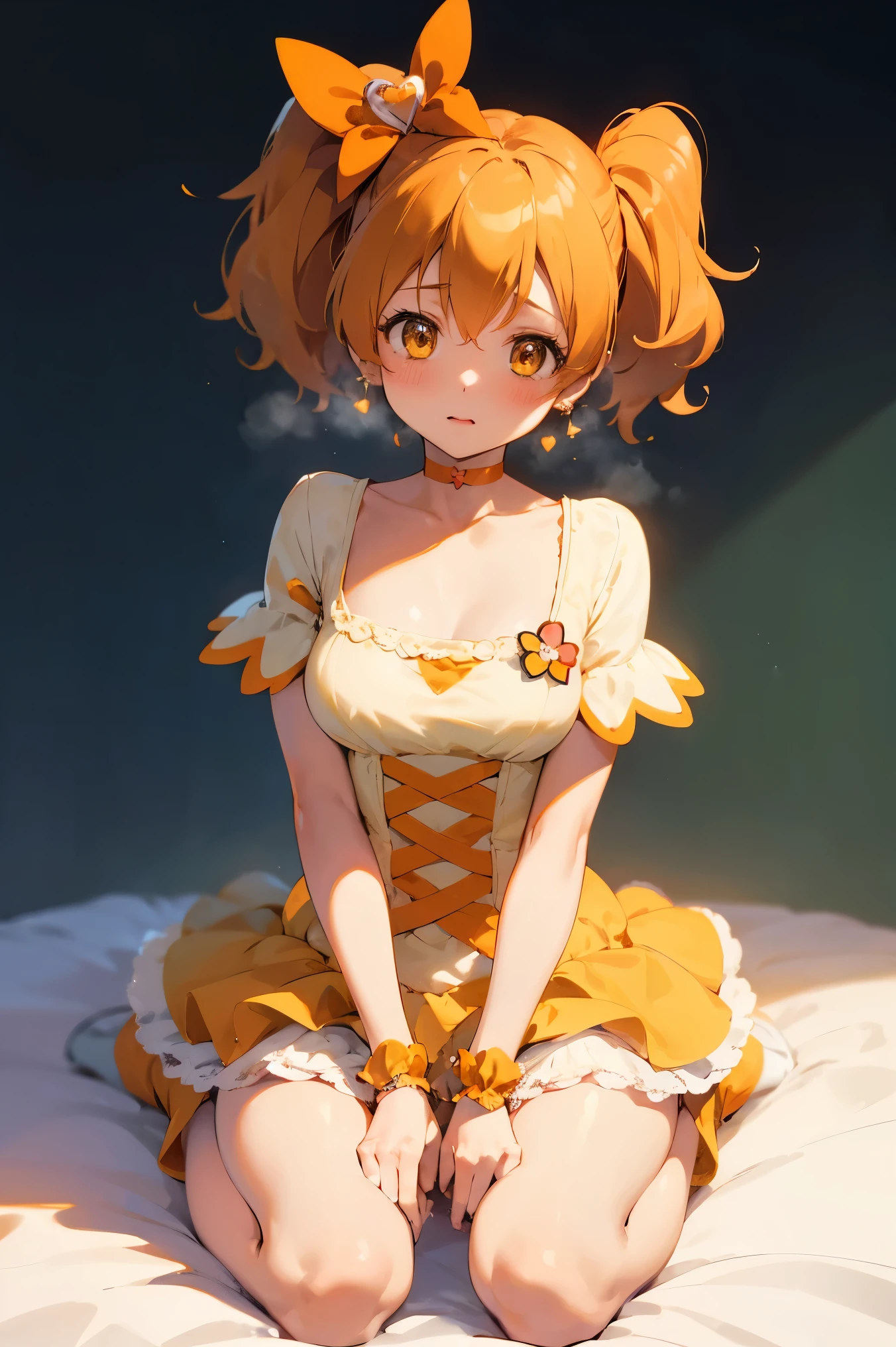 NSFW,masterpiece,Best Quality, high resolution on down, very detailed,Cure Pine \( Pretty Cure\), one side up 、 short hair、 hair bow、Frills、Short sleeve、Wrist cuffs、 orange choker、orange boots 、Yellow Skirt,Embarrassed:1.5,blush, shy, love hotels :1.5