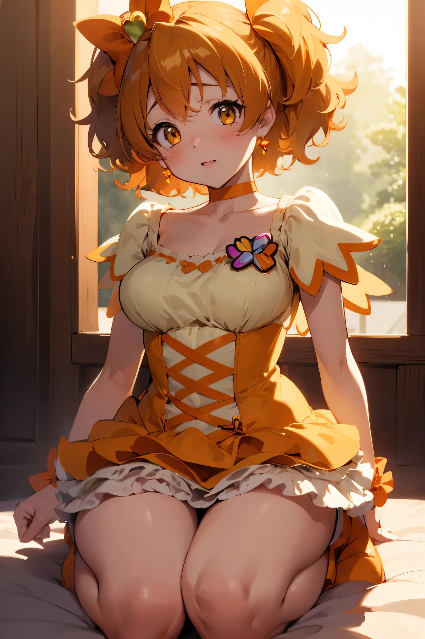 NSFW,masterpiece,Best Quality, high resolution on down, very detailed,Cure Pine \( Pretty Cure\), one side up 、 short hair、 hair bow、Frills、Short sleeve、Wrist cuffs、 orange choker、orange boots 、Yellow Skirt,Embarrassed:1.5,blush, shy, love hotels :1.5