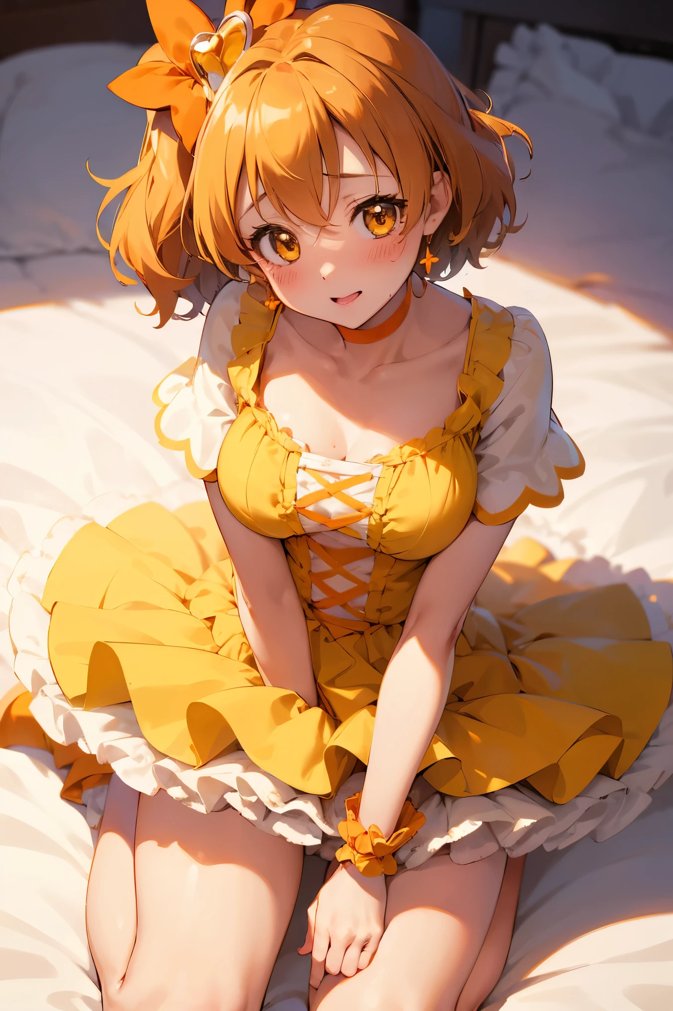 NSFW,masterpiece,Best Quality, high resolution on down, very detailed,Cure Pine \( Pretty Cure\), one side up 、 short hair、 hair bow、Frills、Short sleeve、Wrist cuffs、 orange choker、orange boots 、Yellow Skirt,Embarrassed:1.5,blush, shy, love hotels :1.5