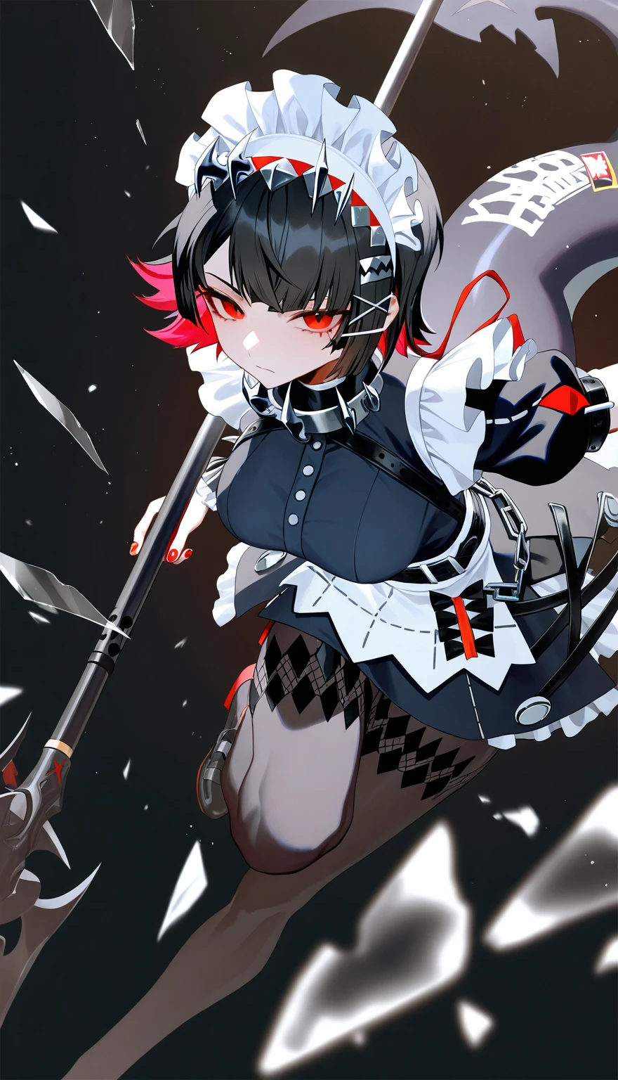 1girl, ellen joe, wanke, rei \(sanbonzakura\), lack, ((from above)), dynamic angle, leaning forward, holding polearm, black polearm, black hair, black pantyhose, feet out of frame, leg up, hairband, large breasts, black dress, looking at viewer, maid headdress, light particles, black background, red eyes, red nails, shark girl, shark tail, solo, broken glass, blurry foreground, motion blur, depth of field, gradient, cinematic, masterpiece, best quality, good quality, newest