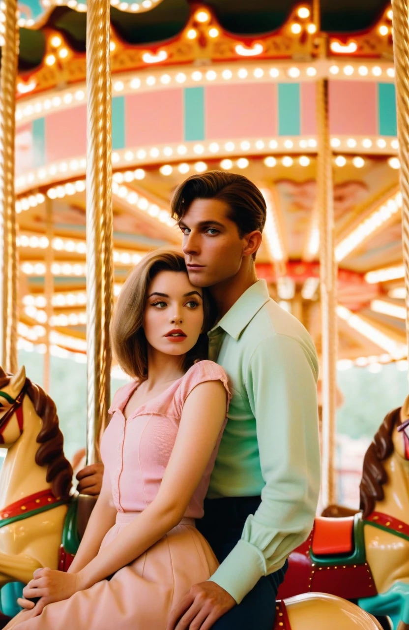  portrait of 1girl 1man, in love, bimbo girl , in a beautiful vintage theme park, on a carousel horses, colourful light behind, Wes Anderson visual style, Kodak color palette,evokes feelings of rebellion,passion, romantic,mystery and ,blurred boundaries,high resolution,aesthetic,