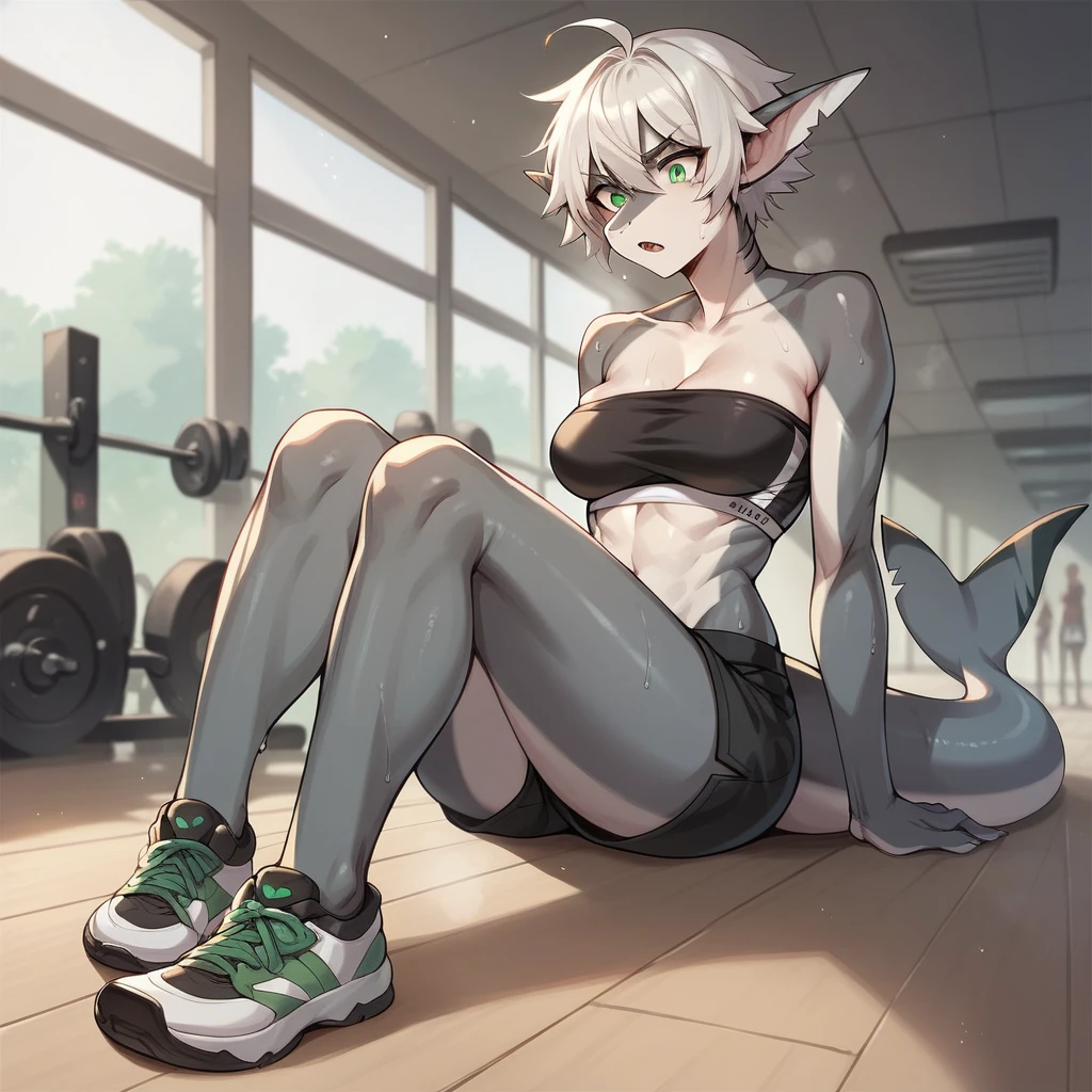 Score_9, score_8, score_7, source_anime,

 Anthro, jade, Anthro shark, grey skin, Slender body, white hair with green ends, green eyes,

wearing a black bandeau and a shorts,

gym,sit,
foot,
SWEAT,SWEATING DROPPING,

front view, 
DEEP OF FIELD,