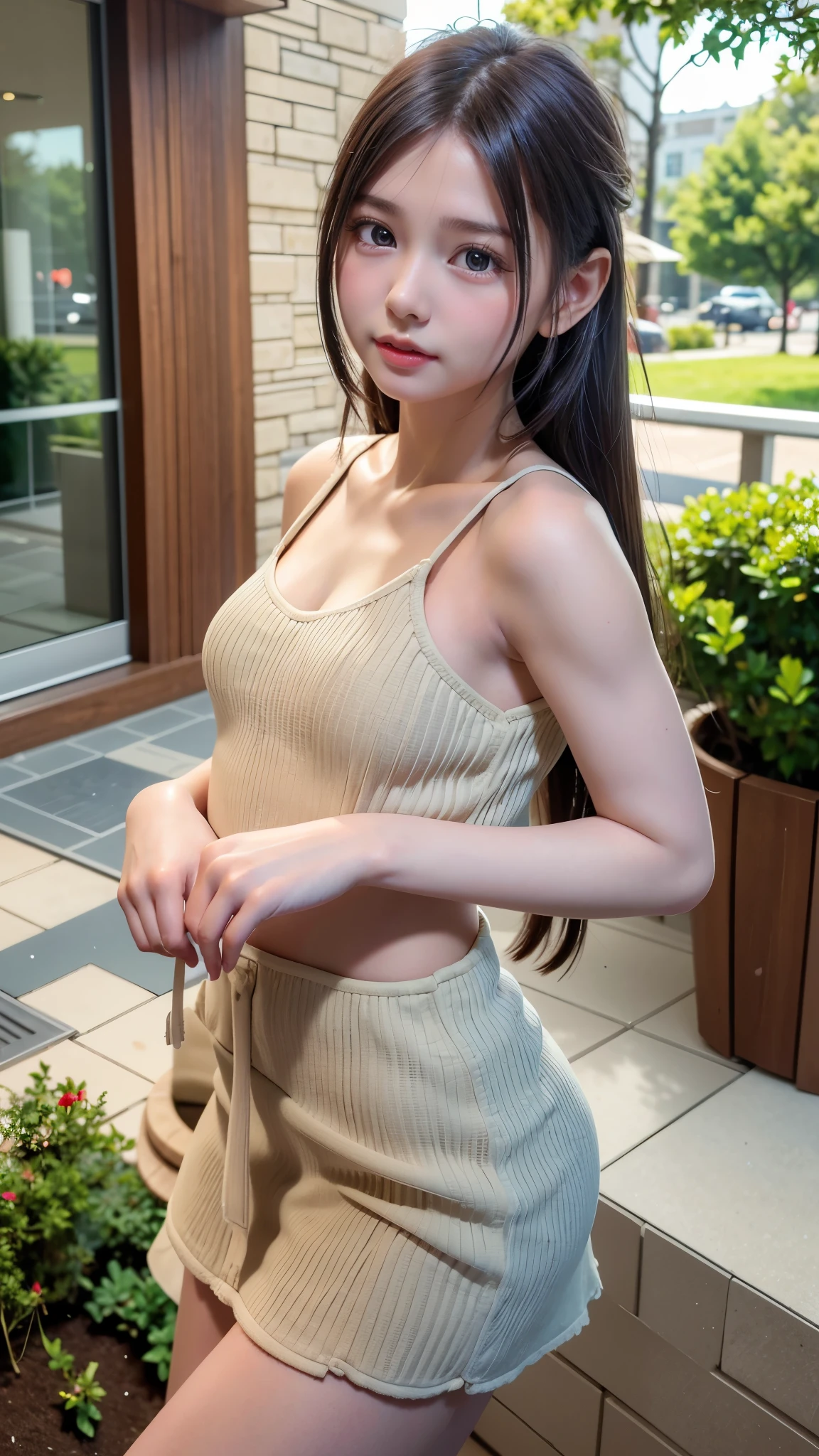 ((top quality, 8k, masterpiece: 1.3)), beauty, 1 girl, beautiful: 1.3, slender abs: 1.1, dark brown hair, (kneeling on the floor, legs open: 1.2), ultra detailed face, highly detailed lips, detailed eyes, double eyelids