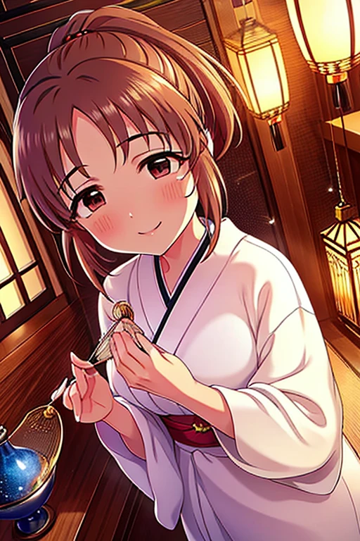  shiny brown hair,  ponytail, ( beautiful brown eyes 、Sparkling Eyes, fine grain)、smile、 super detailed eyes 、  highly detailed face ,  highly detailed eyes that can be seen underfoot,
Best Quality、masterpiece、High sensitivity、 high resolution on down、 detailed description 、 slender woman protecting her hands 、In yukata、Holding a folding fan、balcony wind chimes 