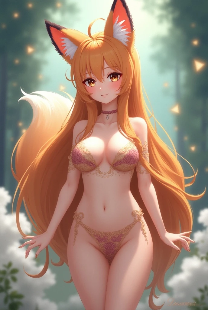 FoxGirl Kawaii, Small Perfect Breasts, Cute, Nude, Exposed Female Body ((Detailed Background, VHD, Vray Shadowing, RT)), Masterpiece, Hyperalistic, Hyper Detailed, Best Quality, 16k, Light Effect and Shadow on Skin, bright colors)), cute smile ((skin with light and shadow), sitting on the fallen tree in the forest, full moon night, lights, forest